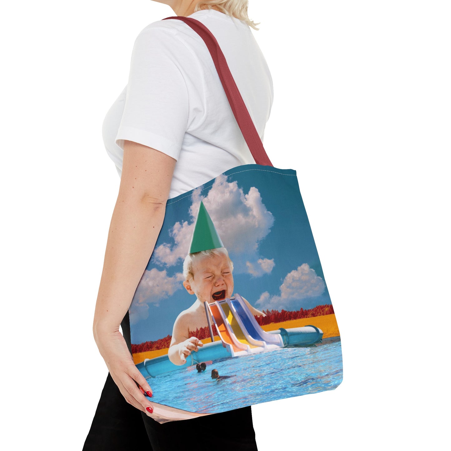 Vibrant Pool Party Beach Tote Bag - Surreal Art Print - Giant Baby and Colorful Pool Slide