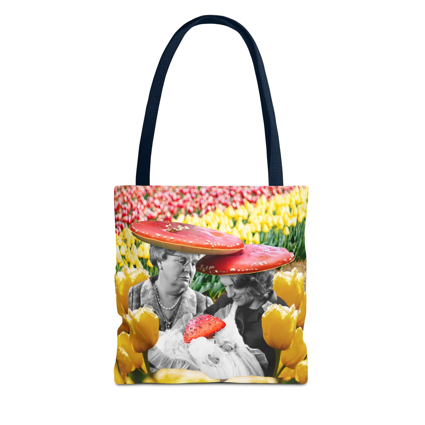 Happy Mushroom Family All Over Print Tote Bag - Surreal Collage Art "Nana's Little Mushroom" in a Field of Tulips
