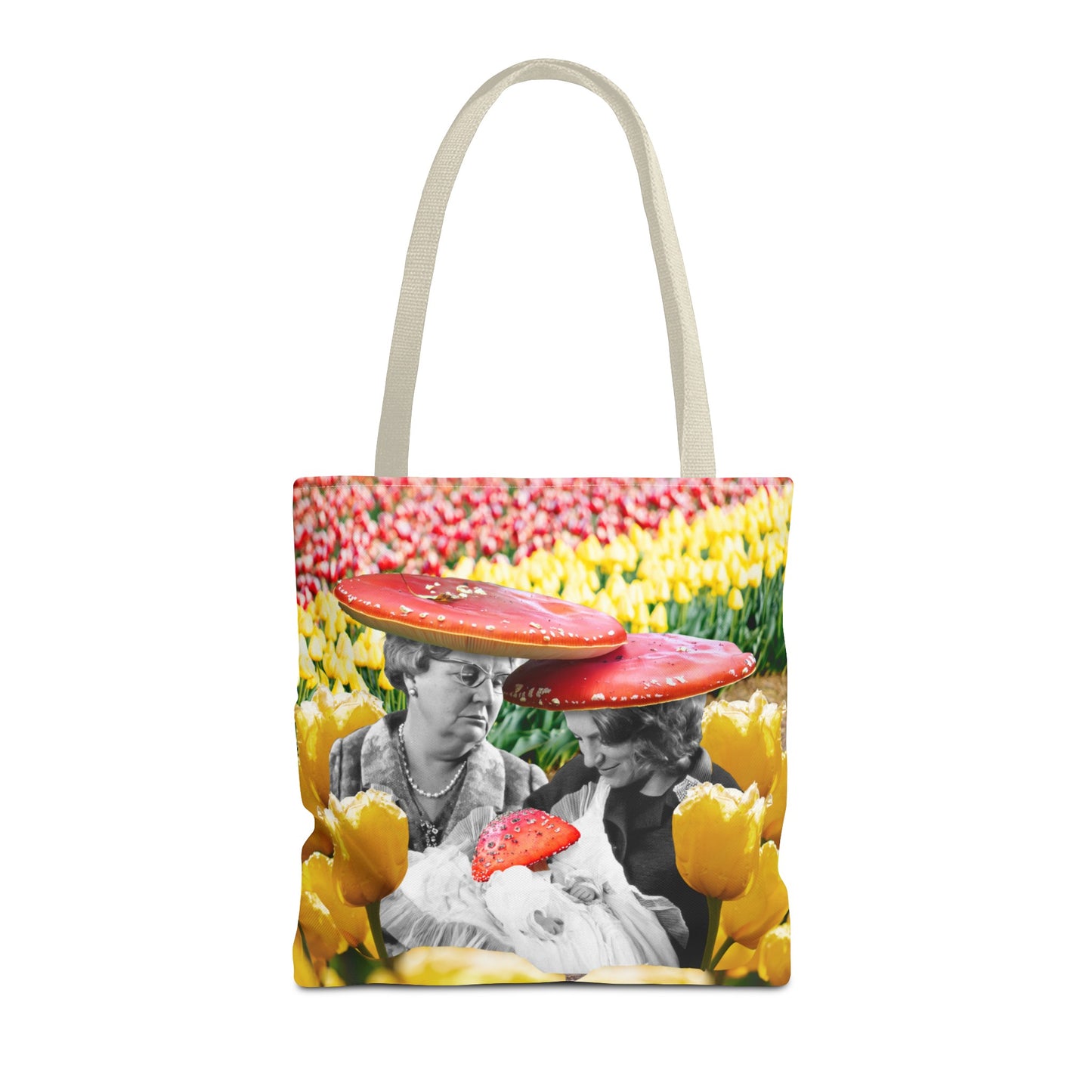 Happy Mushroom Family All Over Print Tote Bag - Surreal Collage Art "Nana's Little Mushroom" in a Field of Tulips