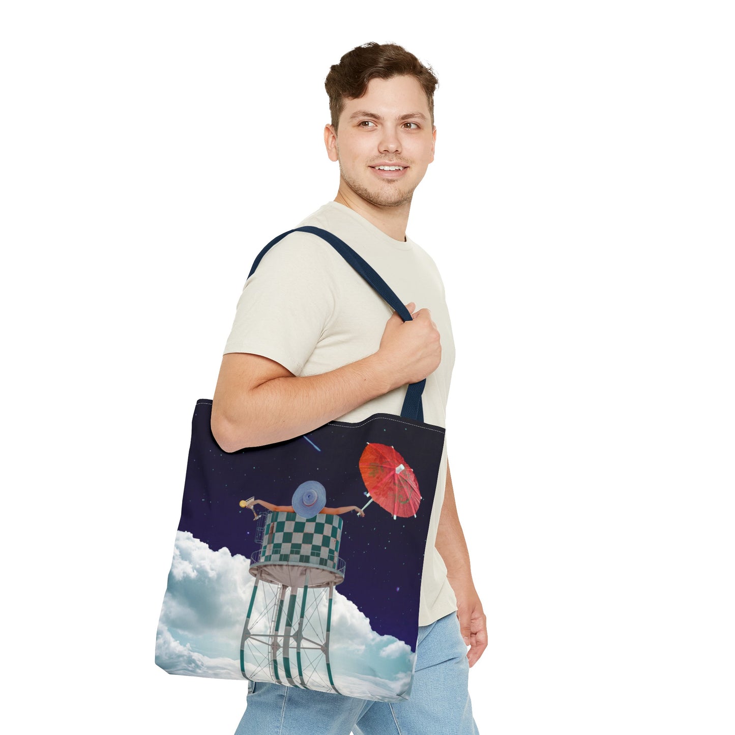 Tote Bag Featuring Surreal Art 'Soaked' - Woman with Martini Glass and Cocktail Umbrella - Nighttime Bliss
