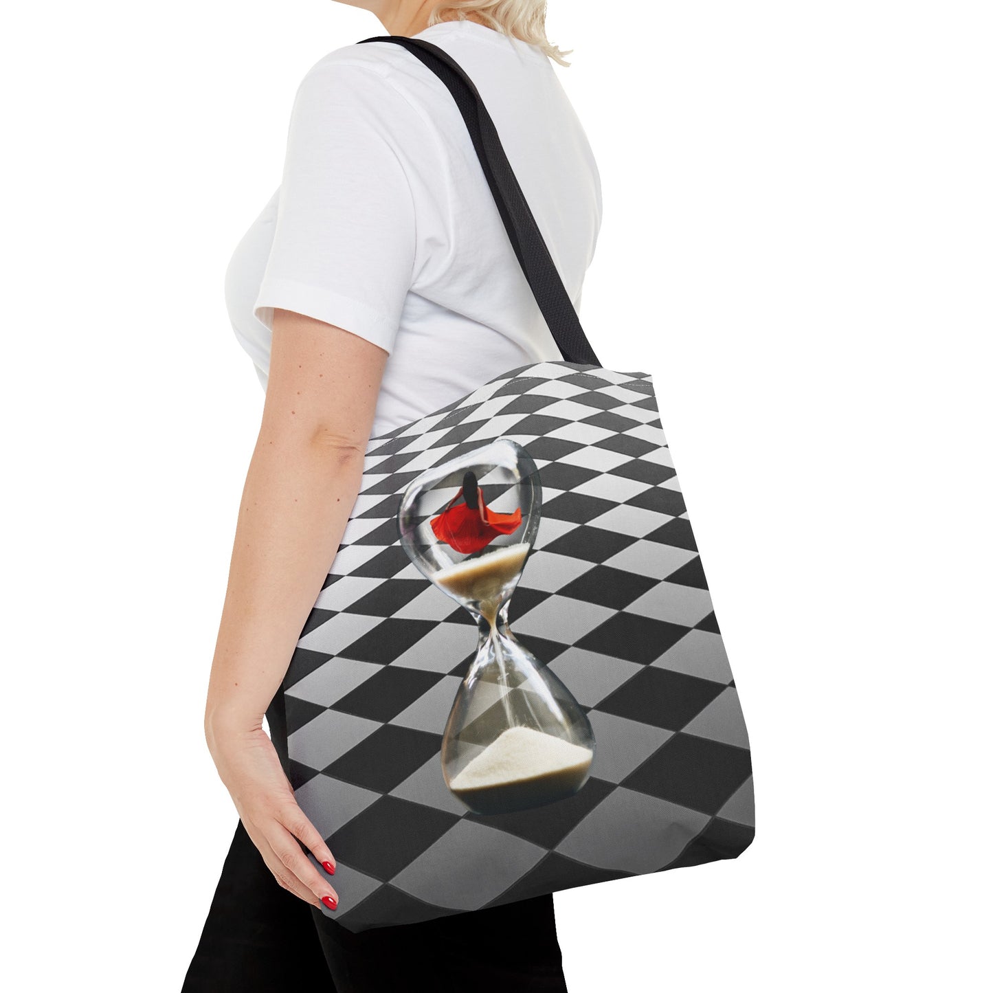 Red Dress Dancer Tote Bag - Surreal Art Checkerboard Design - Dance Through Life