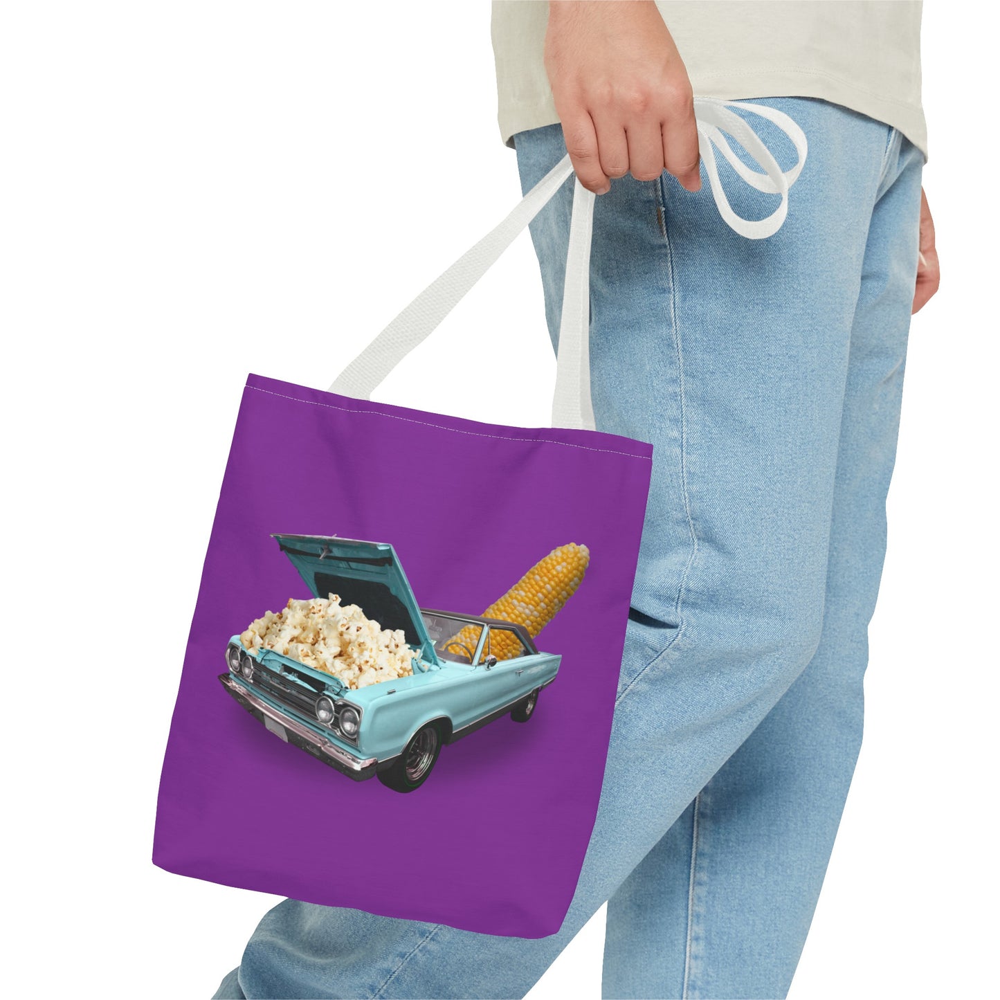 Quirky Tote Bag with Surreal Popcorn Car Art Print - Poppin' Ride