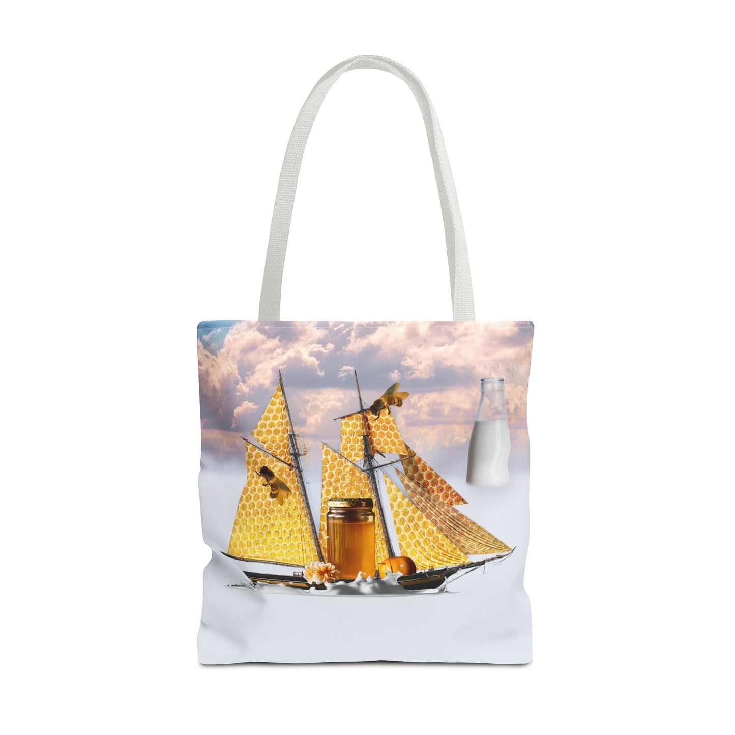Tote Bag, Bees at Sea on Honeycomb Ship 'Milk & Honey' Surreal Whimsical Collage Art
