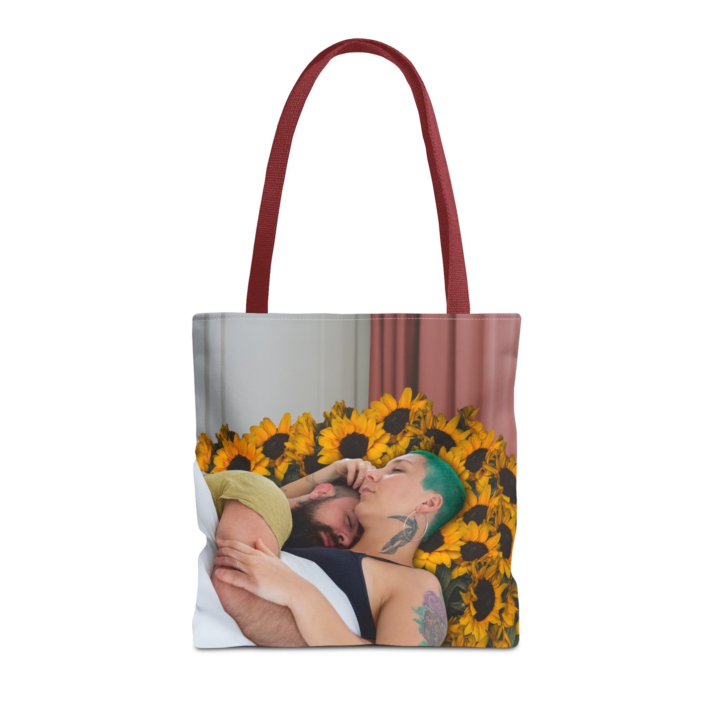 Tranquil Sunflowers Around Cuddling Couple Tote Bag Surreal Art - Loving Design "Sunflowers In Your Room"