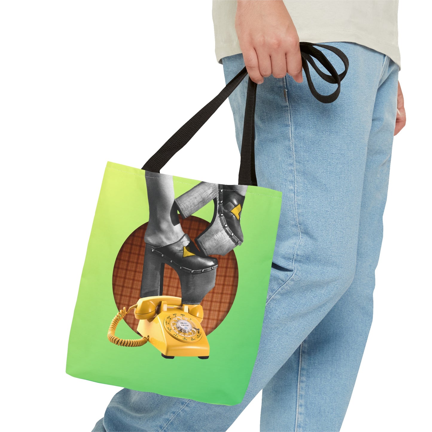 Playful Tote Bag with Collage Art "Hold My Calls" - 70's Platform Shoes and Yellow Rotary Phone