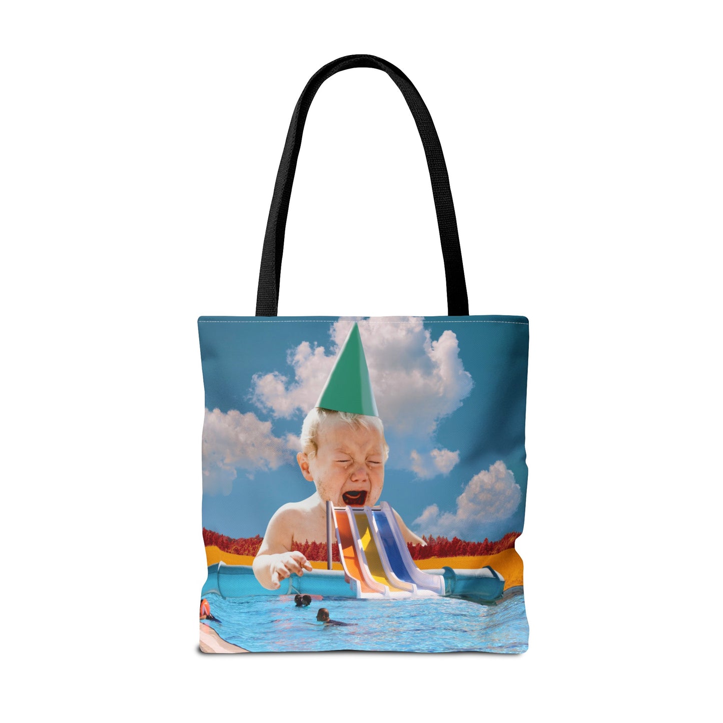 Vibrant Pool Party Beach Tote Bag - Surreal Art Print - Giant Baby and Colorful Pool Slide
