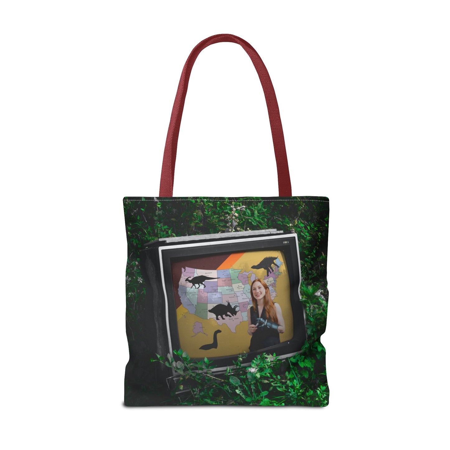 Unique Dystopian TV Scene Tote Bag with Weather Girl & Dinosaurs Map