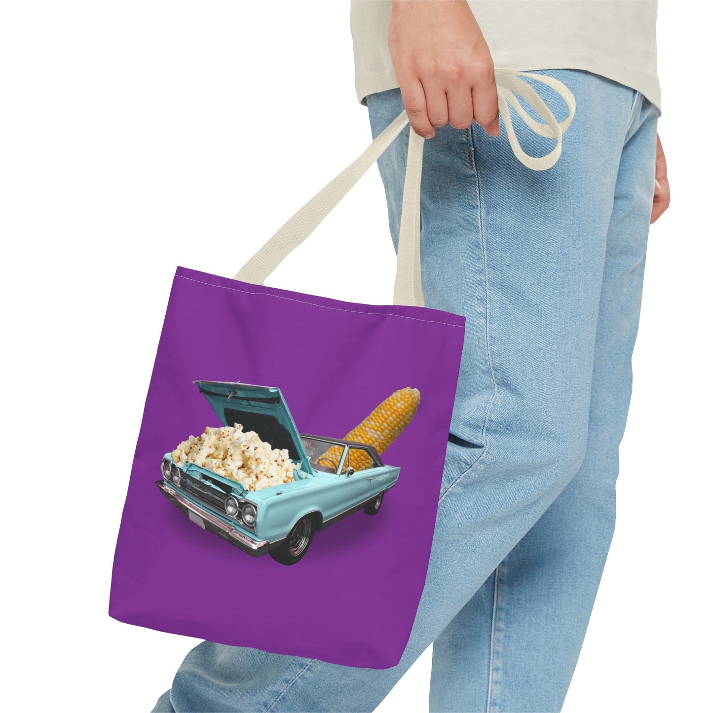 Quirky Tote Bag with Surreal Popcorn Car Art Print - Poppin' Ride