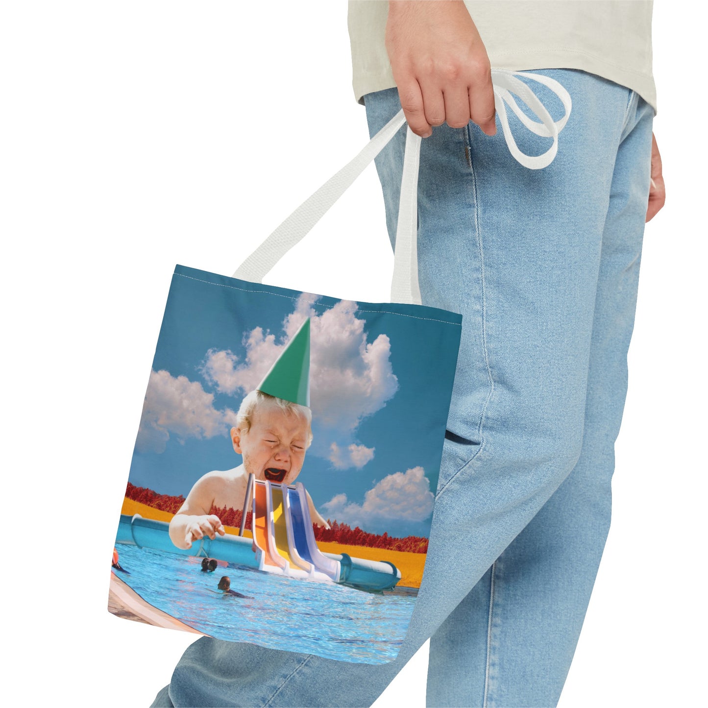 Vibrant Pool Party Beach Tote Bag - Surreal Art Print - Giant Baby and Colorful Pool Slide