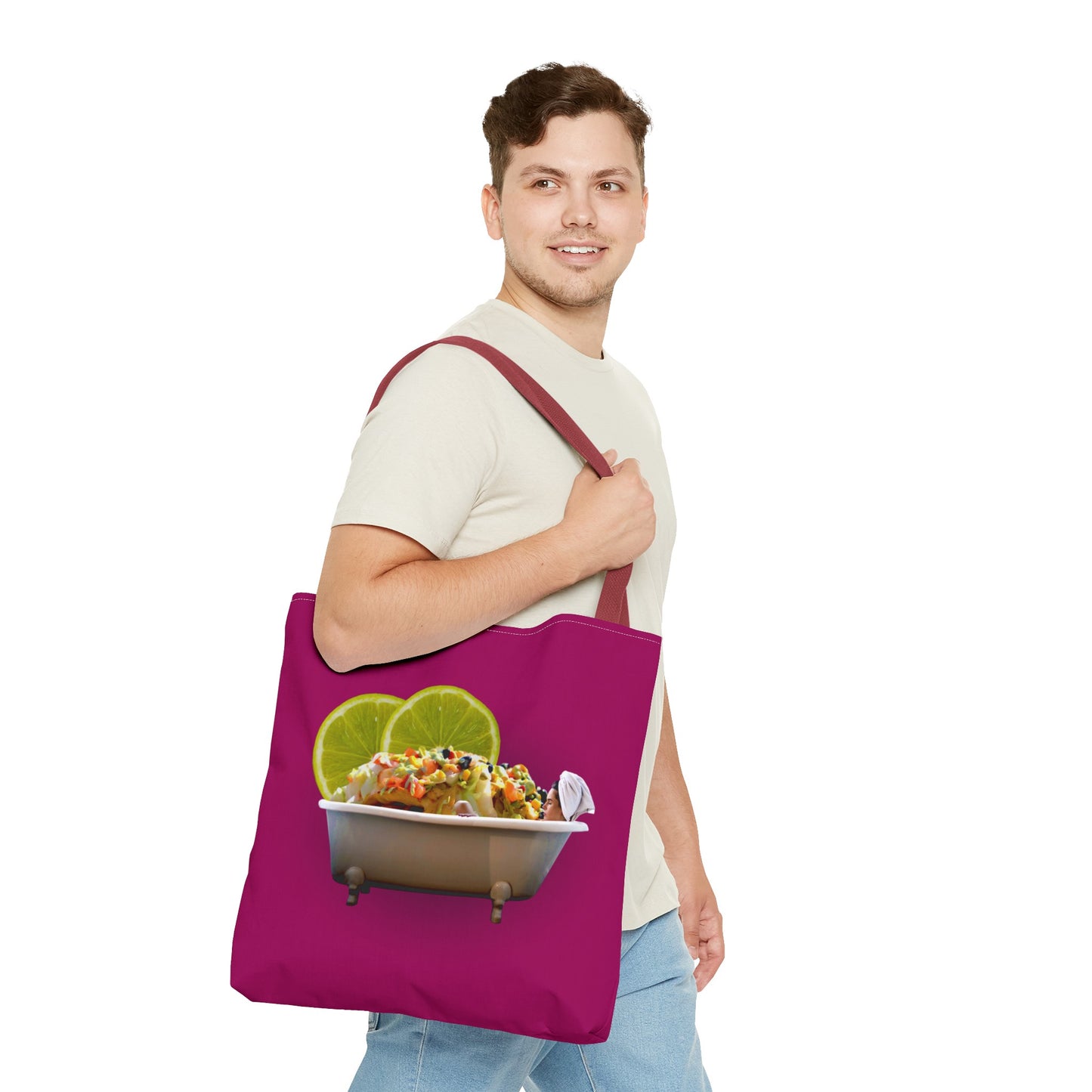 Food Lover's Delight: Woman Soaking in Bathtub with Burrito Tote Bag