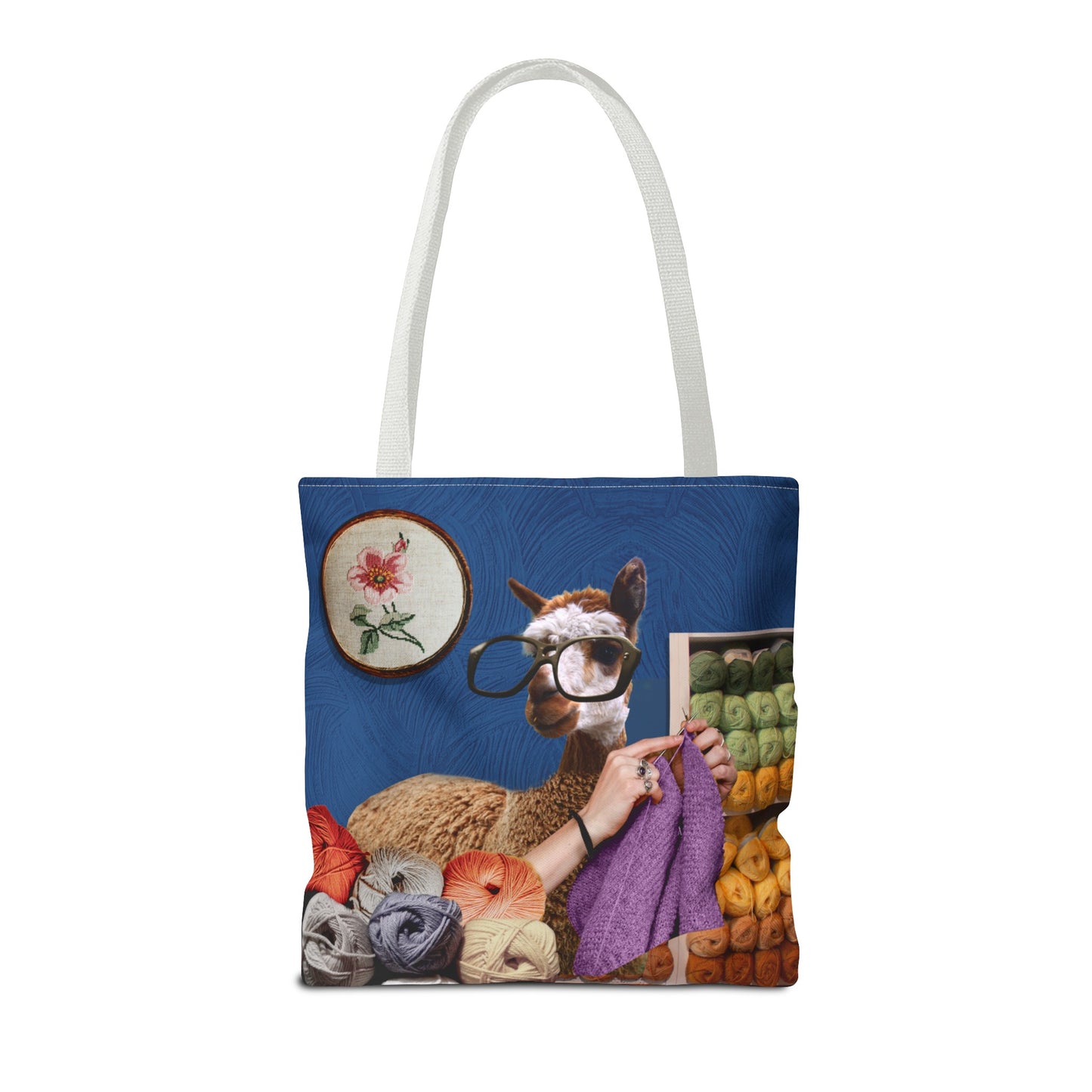 Whimsical Funky Llama Tote Bag: "Llama Tried" - Wearing Glasses and Knitting in Yarn Shop