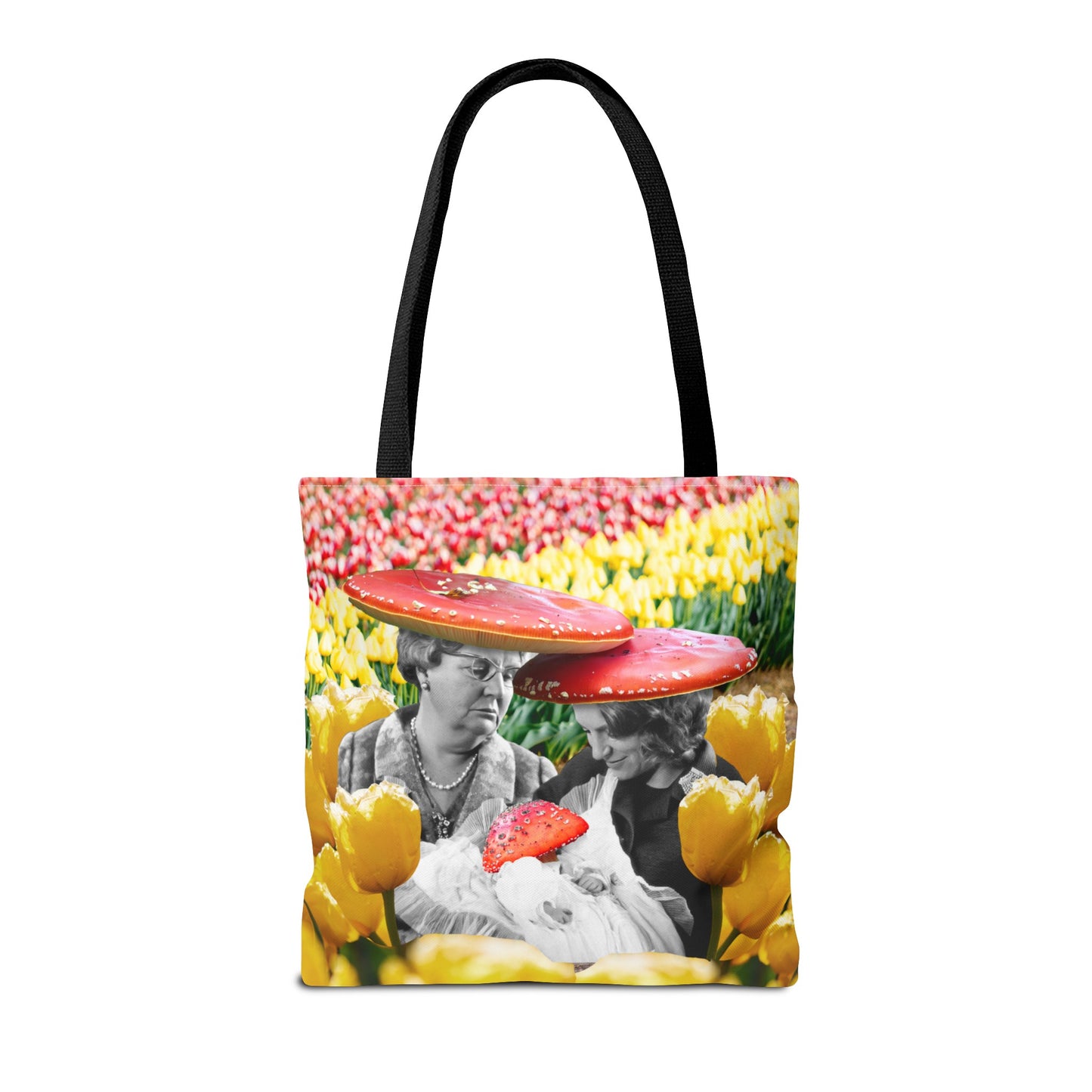 Happy Mushroom Family All Over Print Tote Bag - Surreal Collage Art "Nana's Little Mushroom" in a Field of Tulips
