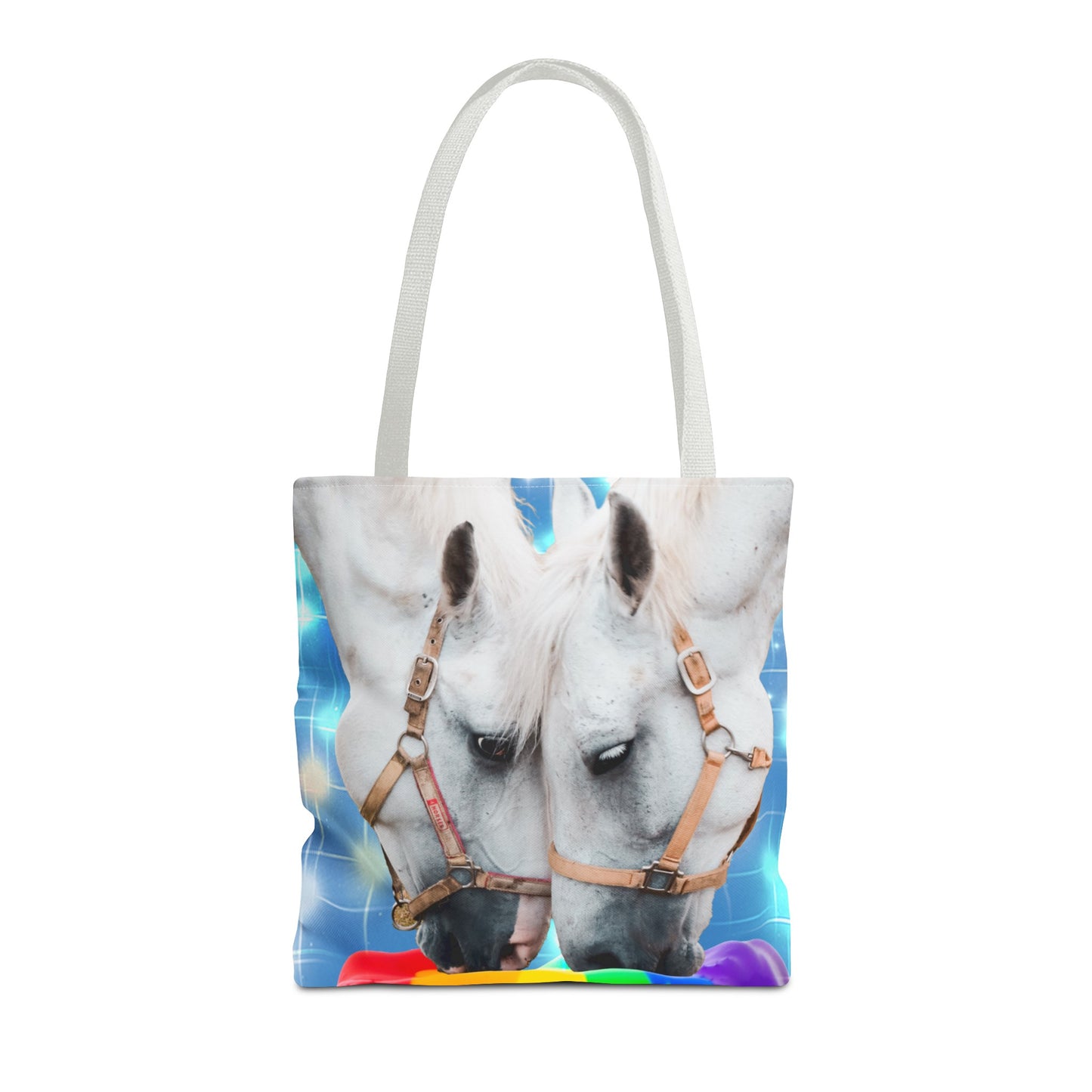 Unique Tote Bag "Pooping Rainbows" Art - White Horses Eating Rainbow Feed