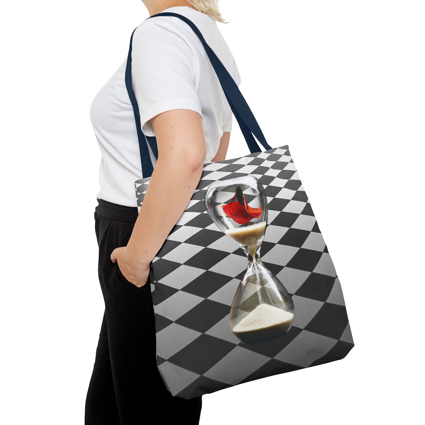 Red Dress Dancer Tote Bag - Surreal Art Checkerboard Design - Dance Through Life