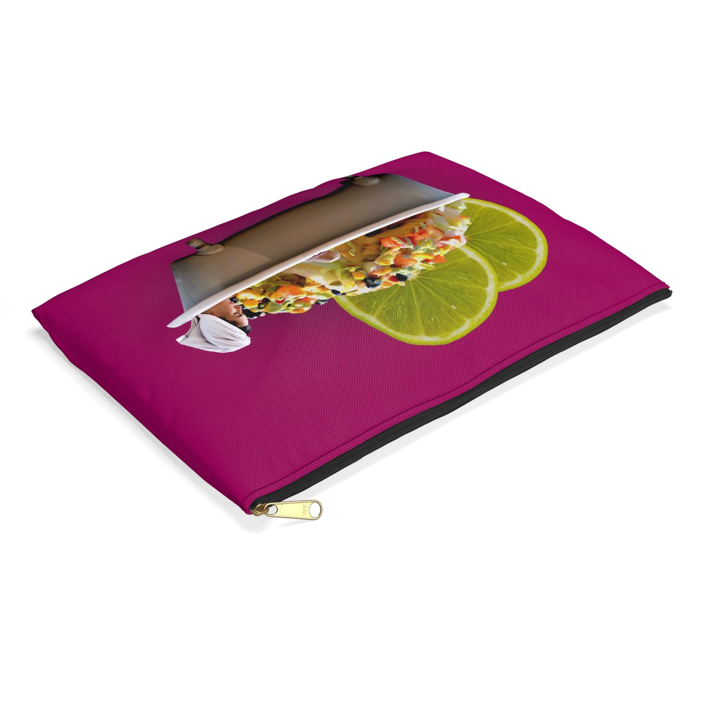 Food Lover's Delight Accessory Pouch - Woman Soaking in Bathtub with Burrito and Lime Wedges