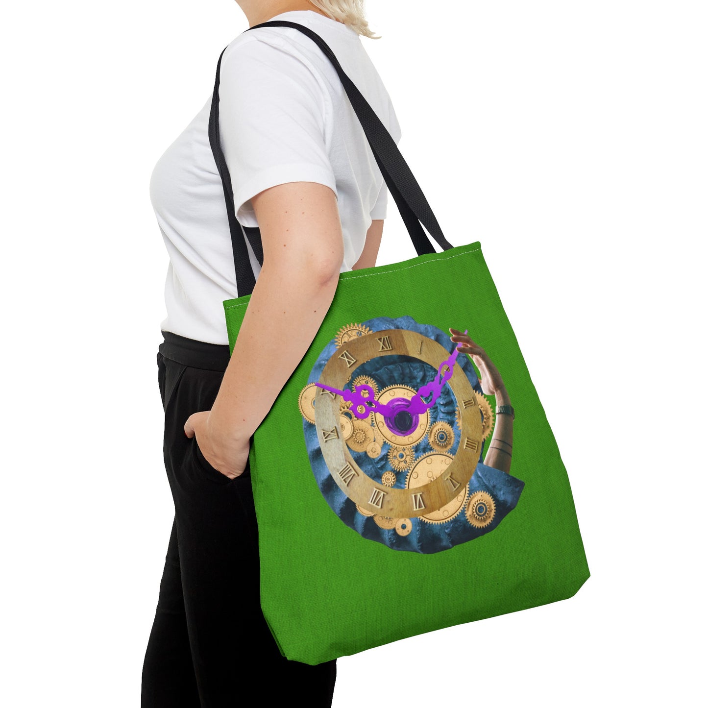 Steampunk Clock Tote Bag with Surreal Ammonite Art Print - Departure Time