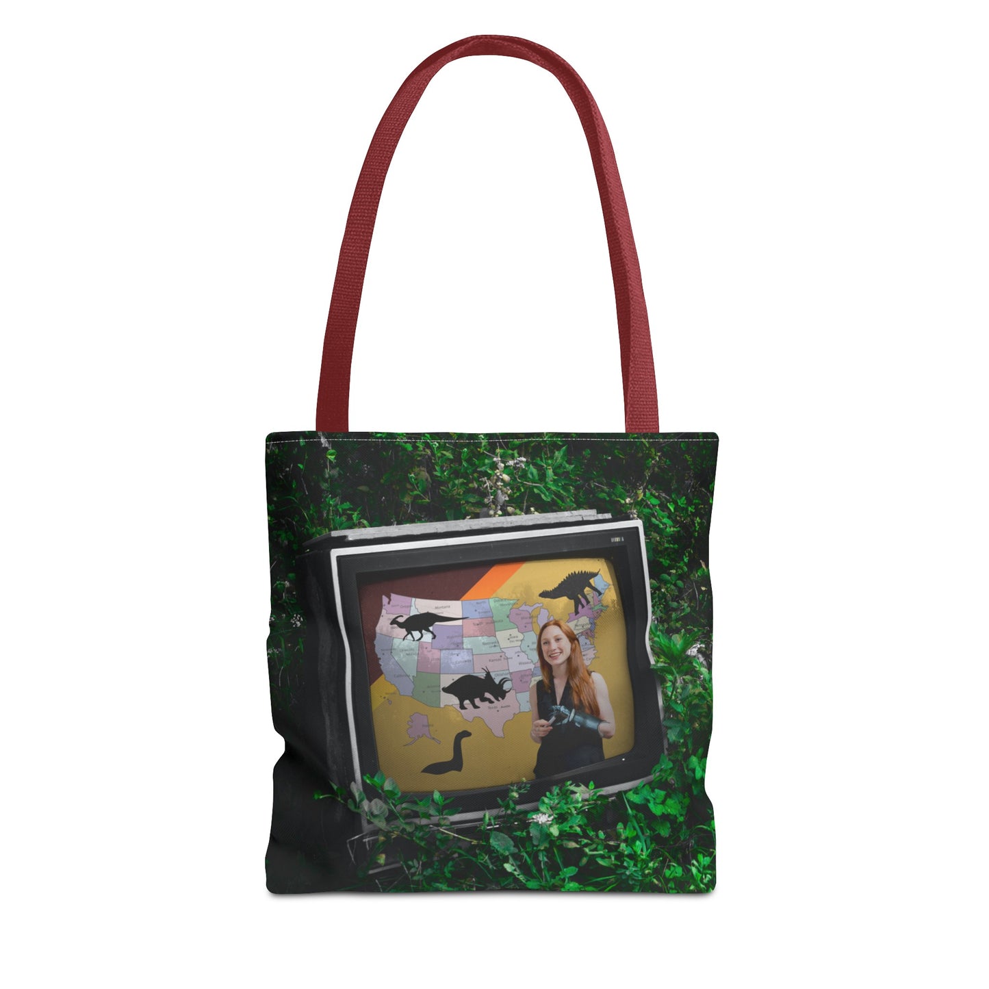 Unique Dystopian TV Scene Tote Bag with Weather Girl & Dinosaurs Map