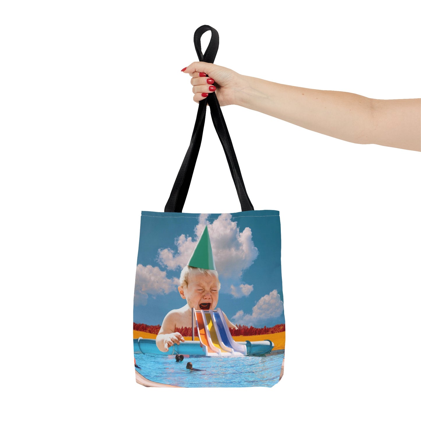 Vibrant Pool Party Beach Tote Bag - Surreal Art Print - Giant Baby and Colorful Pool Slide