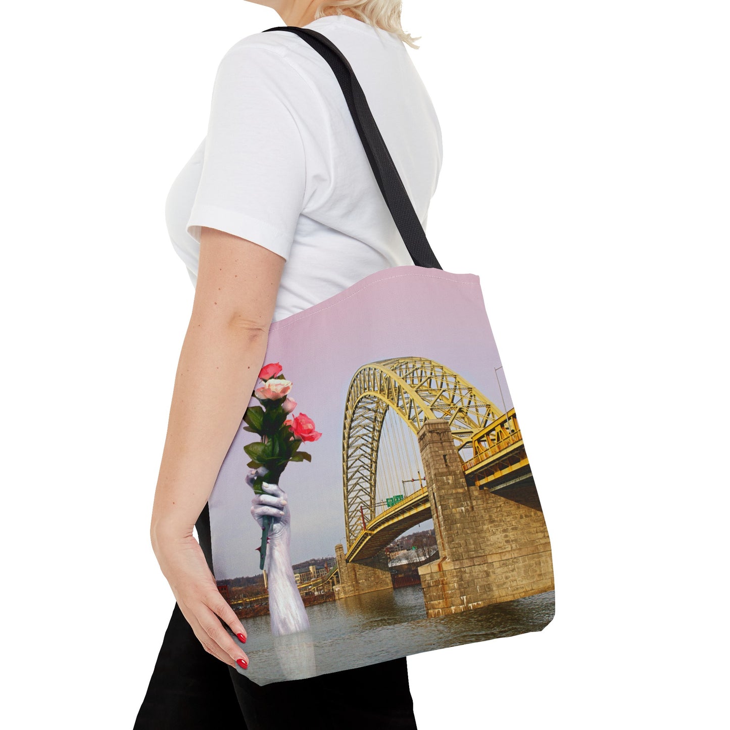 Romantic Tote Bag for Valentine's and Long-Distance Lovers: A Bridge Too Far Design with Flowers