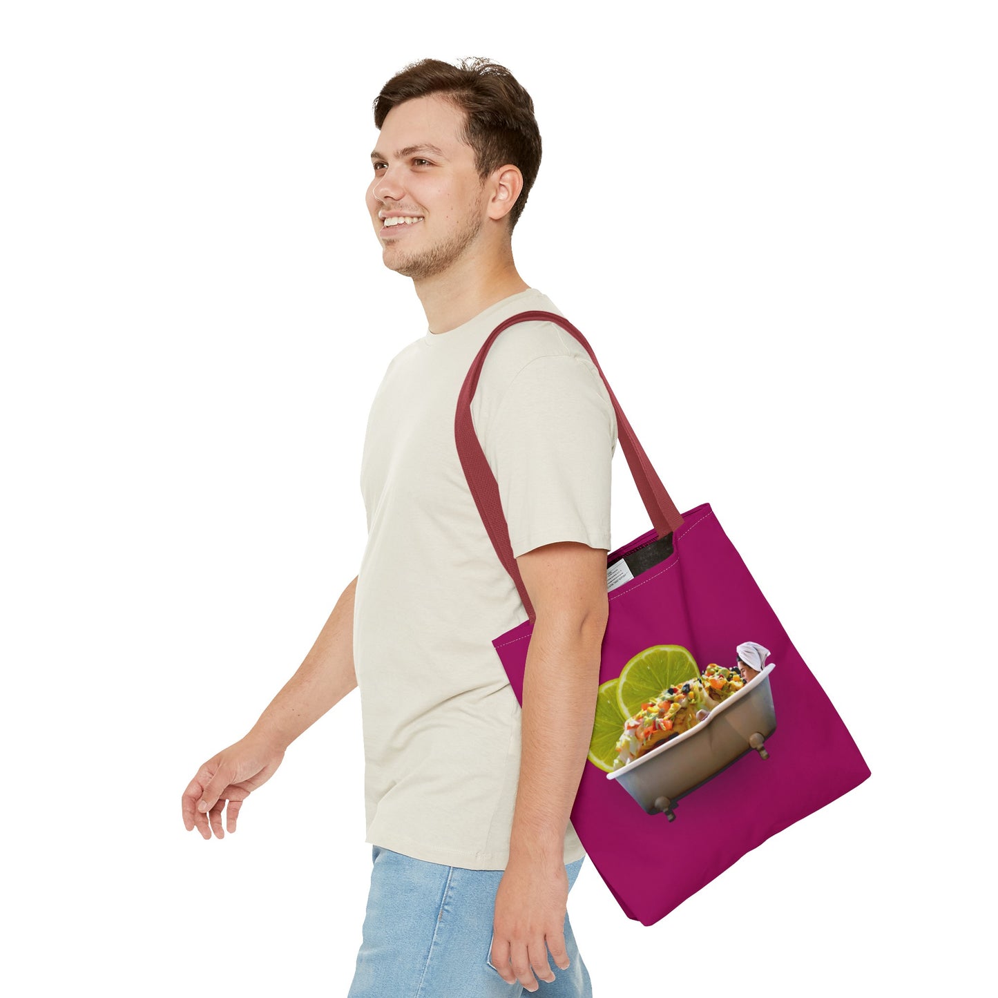 Food Lover's Delight: Woman Soaking in Bathtub with Burrito Tote Bag