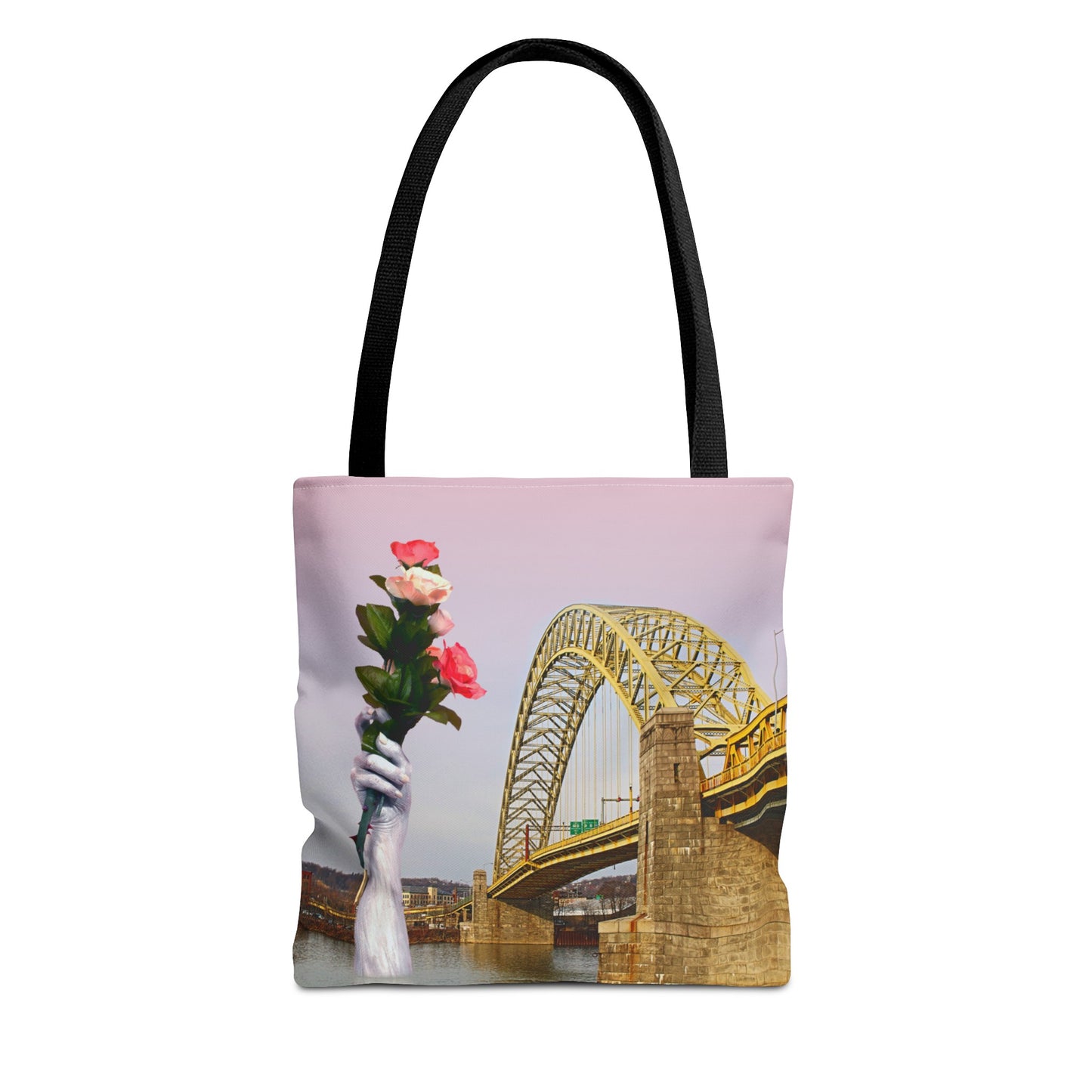 Romantic Tote Bag for Valentine's and Long-Distance Lovers: A Bridge Too Far Design with Flowers
