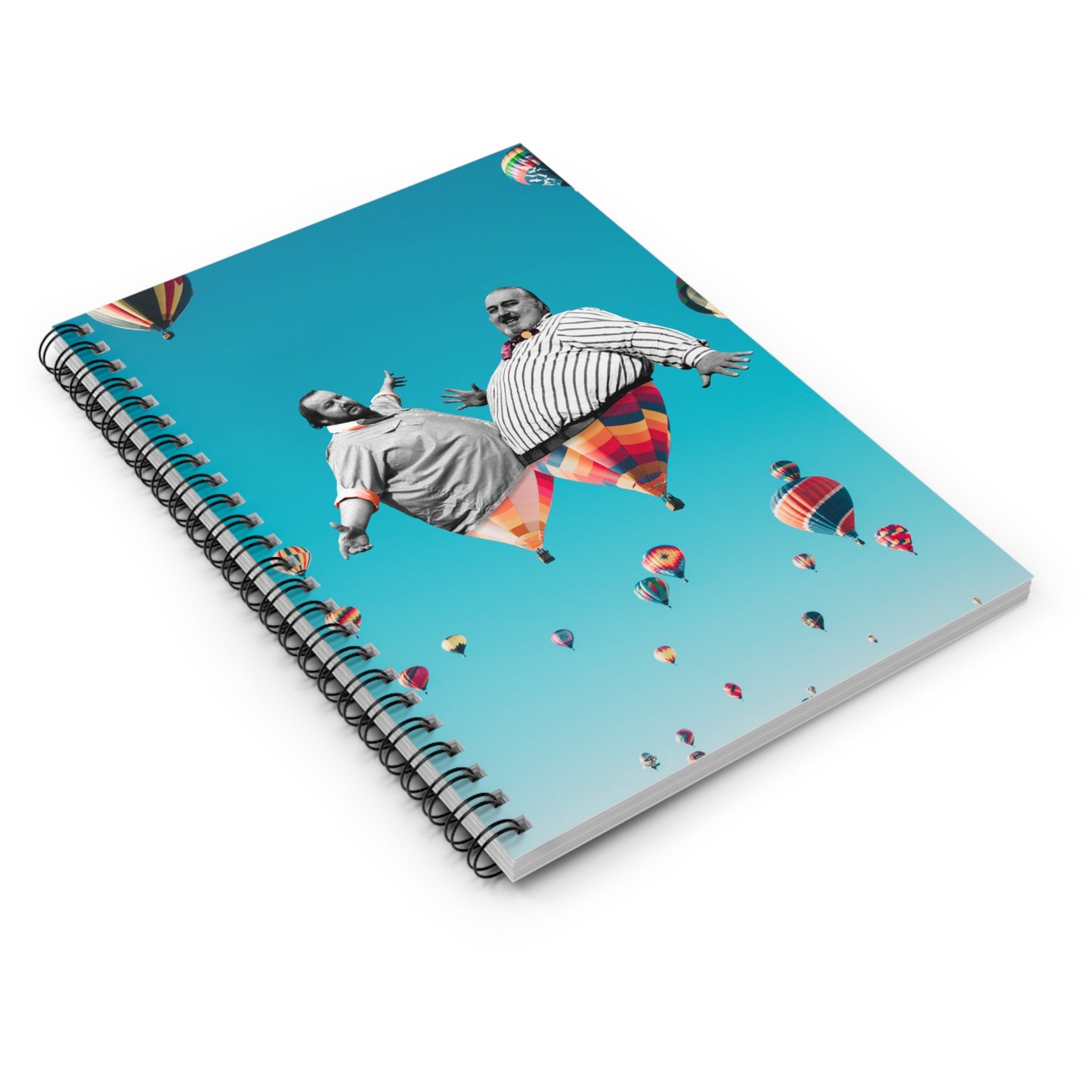Spiral Notebook with Digital Collage Art - Up Up & Away - Whimsical Hot Air Balloon Men - Joyful Sky Soaring - Vibrant Colors