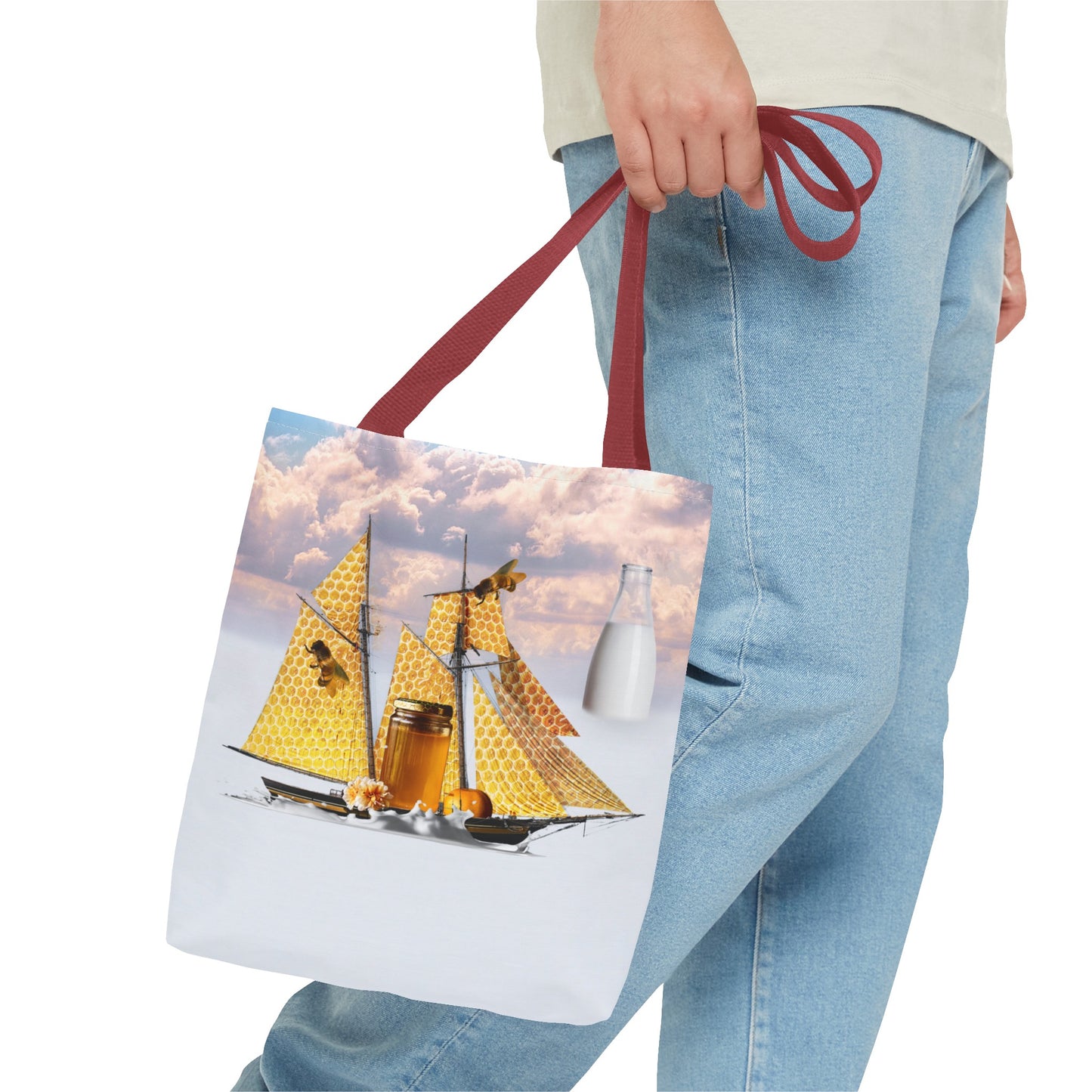 Tote Bag, Bees at Sea on Honeycomb Ship 'Milk & Honey' Surreal Whimsical Collage Art