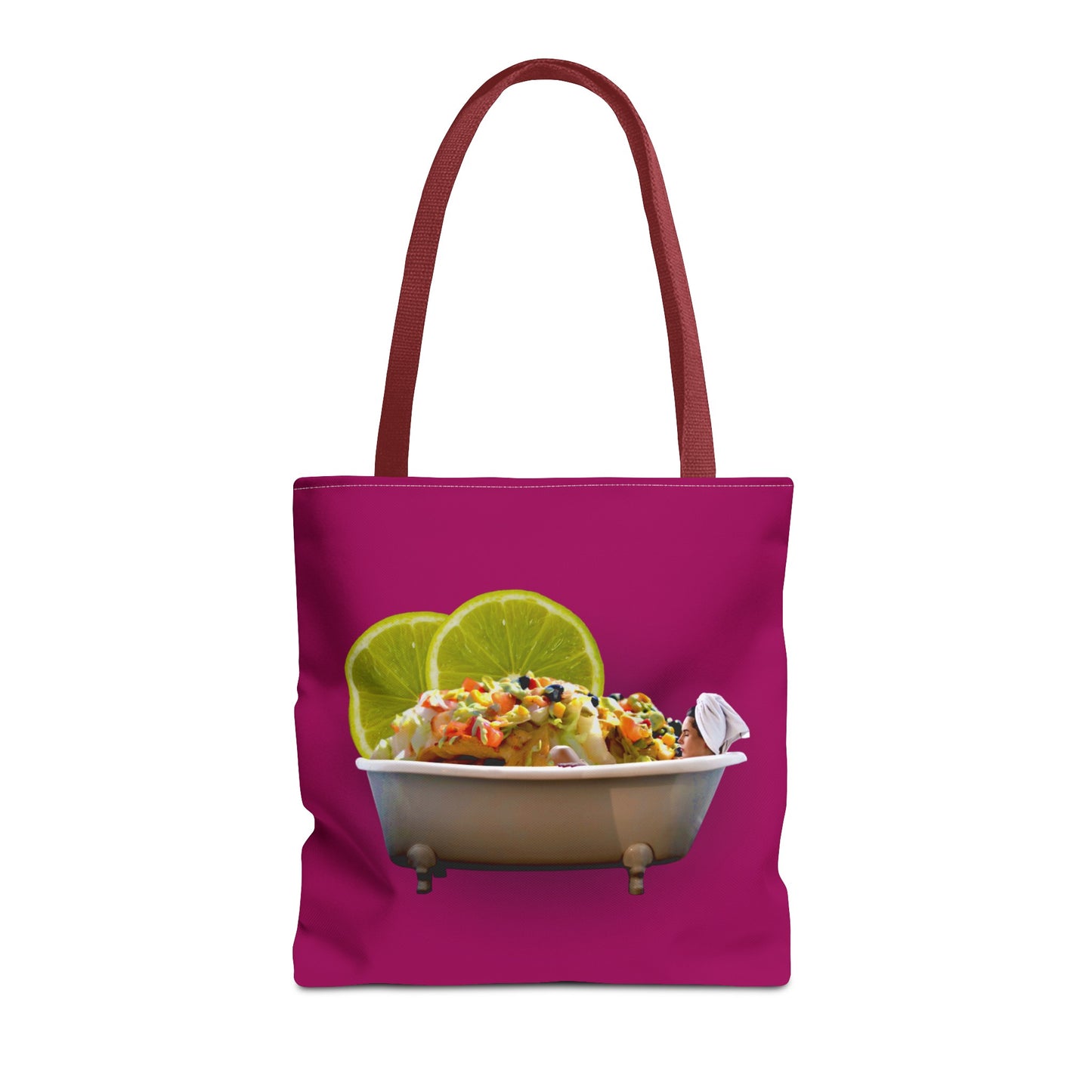 Food Lover's Delight: Woman Soaking in Bathtub with Burrito Tote Bag
