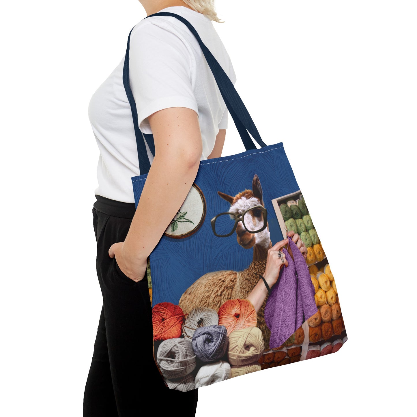 Whimsical Funky Llama Tote Bag: "Llama Tried" - Wearing Glasses and Knitting in Yarn Shop