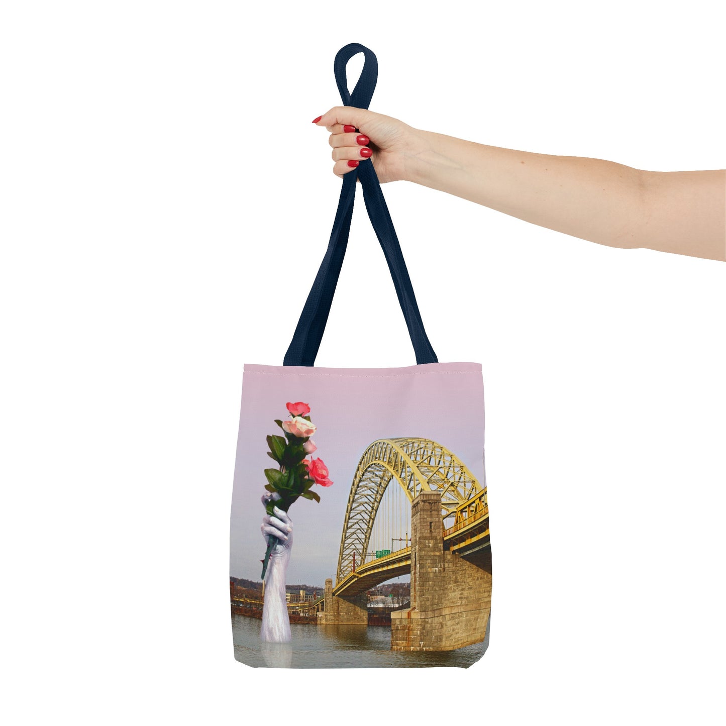 Romantic Tote Bag for Valentine's and Long-Distance Lovers: A Bridge Too Far Design with Flowers