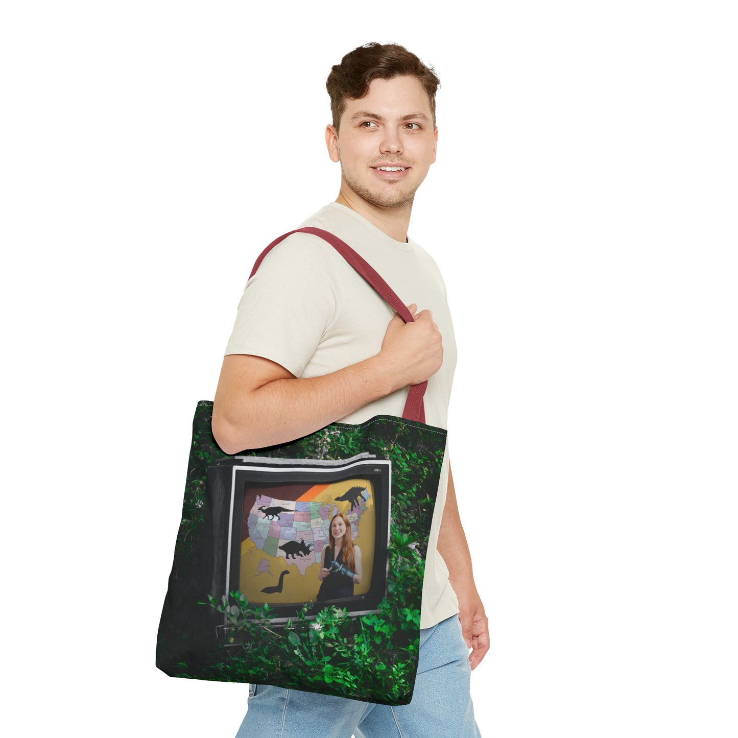 Unique Dystopian TV Scene Tote Bag with Weather Girl & Dinosaurs Map