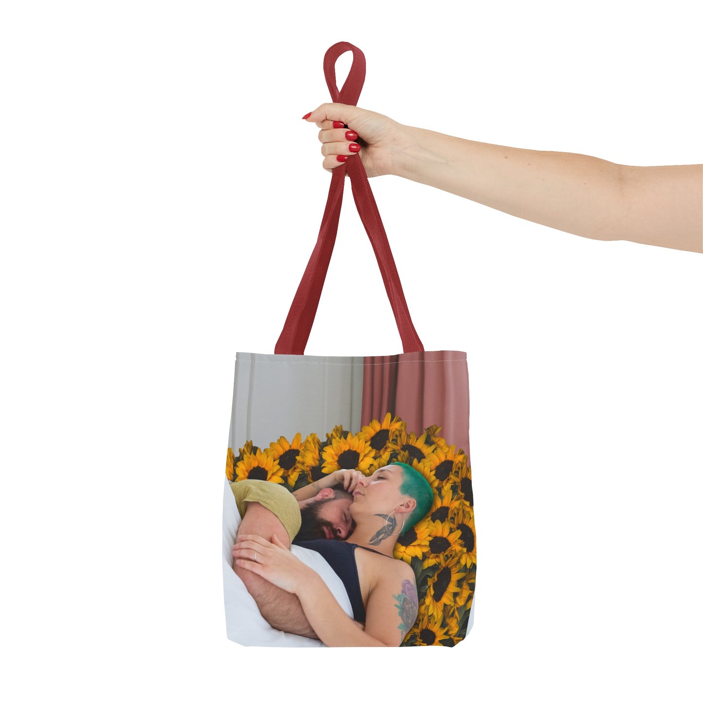 Tranquil Sunflowers Around Cuddling Couple Tote Bag Surreal Art - Loving Design "Sunflowers In Your Room"
