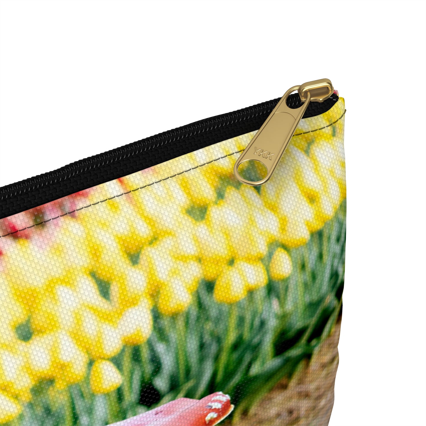 Happy Mushroom Family Accessory Pouch - Surreal Collage Art "Nana's Little Mushroom" in a Field of Tulips