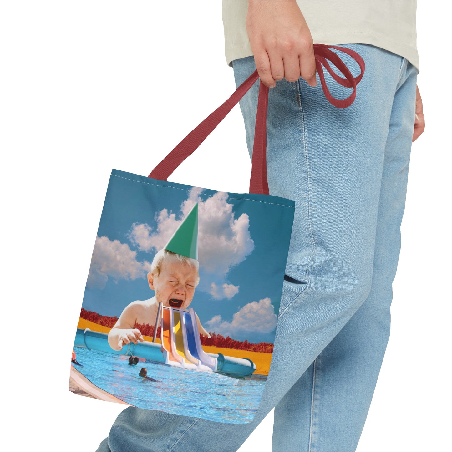 Vibrant Pool Party Beach Tote Bag - Surreal Art Print - Giant Baby and Colorful Pool Slide