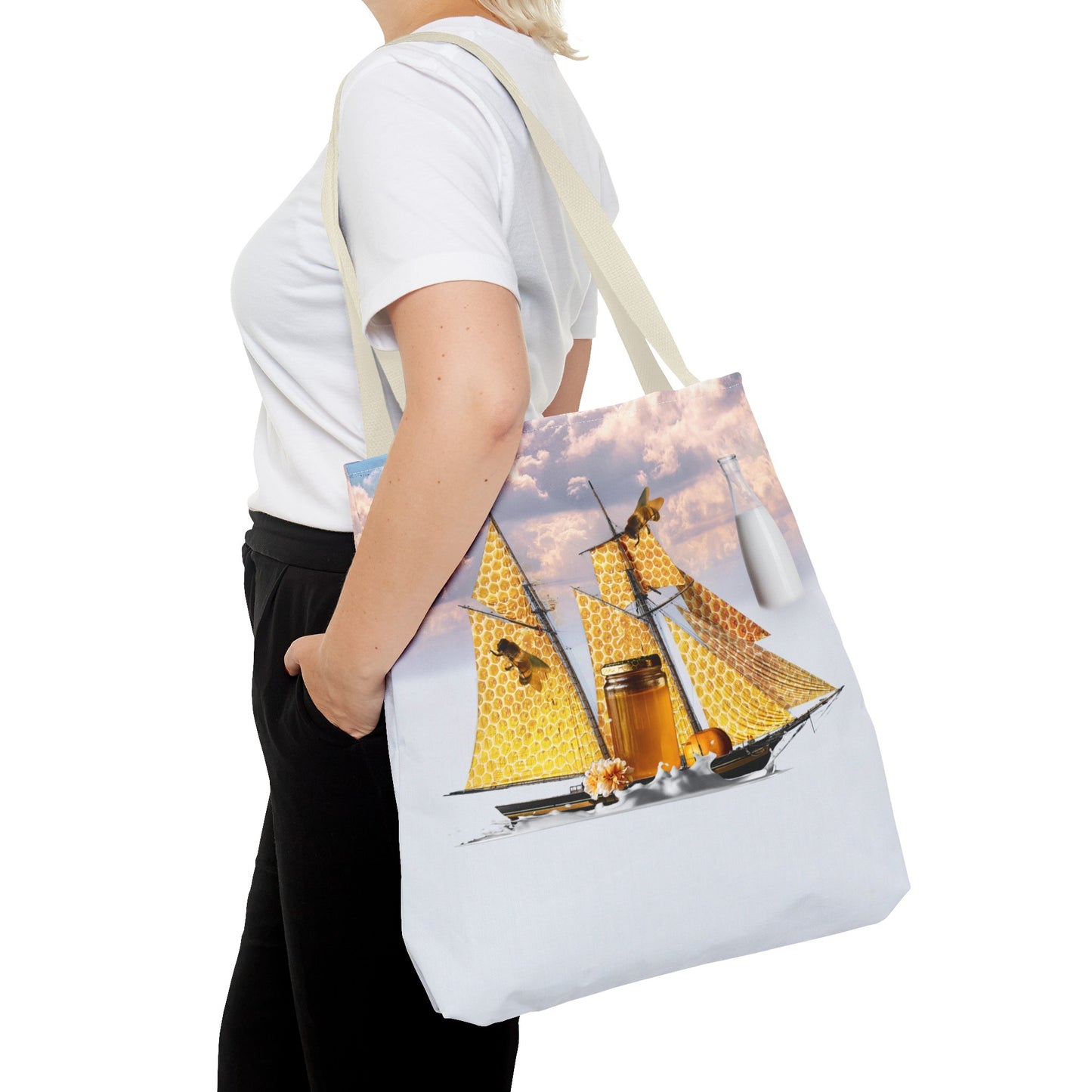 Tote Bag, Bees at Sea on Honeycomb Ship 'Milk & Honey' Surreal Whimsical Collage Art