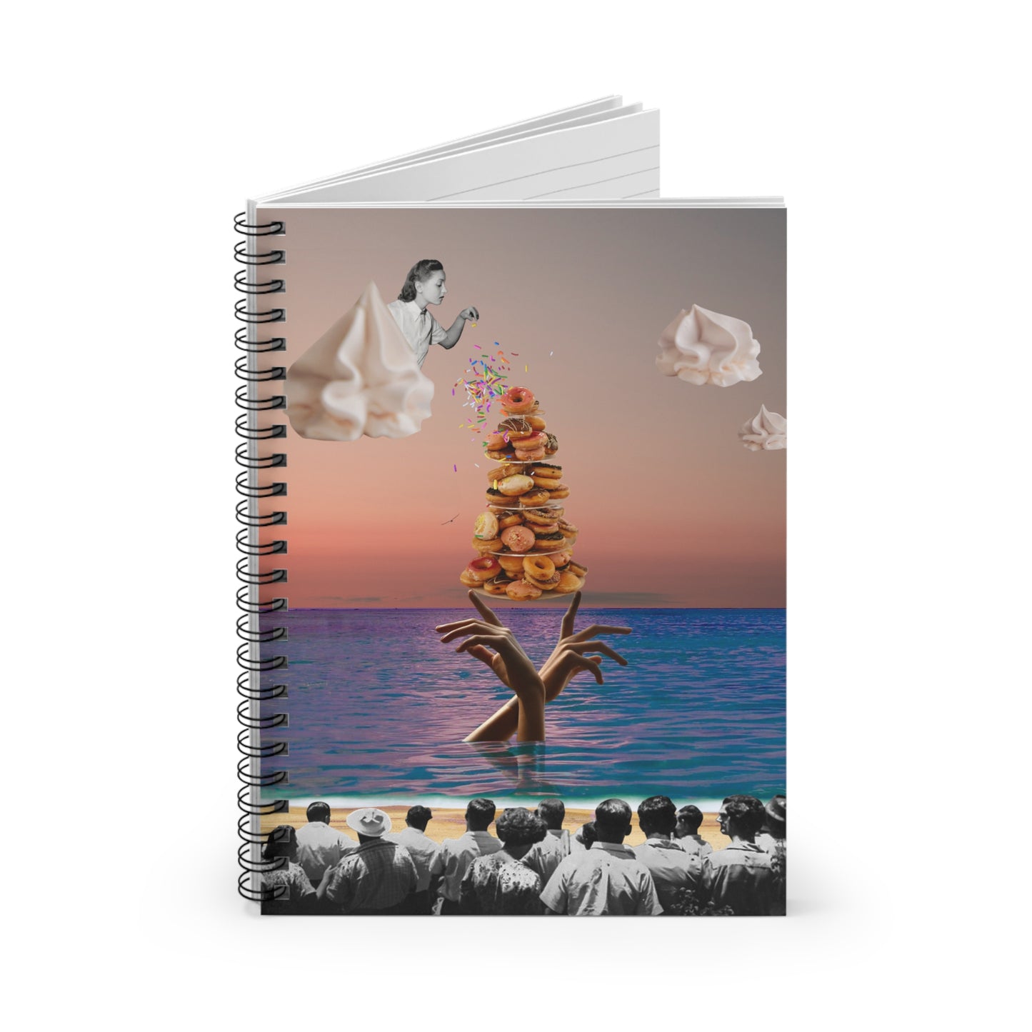 Mesmerizing Collage Art Spiral Notebook - Beach Scene with Heavenly Donuts "Donut Leave Me On This Island"