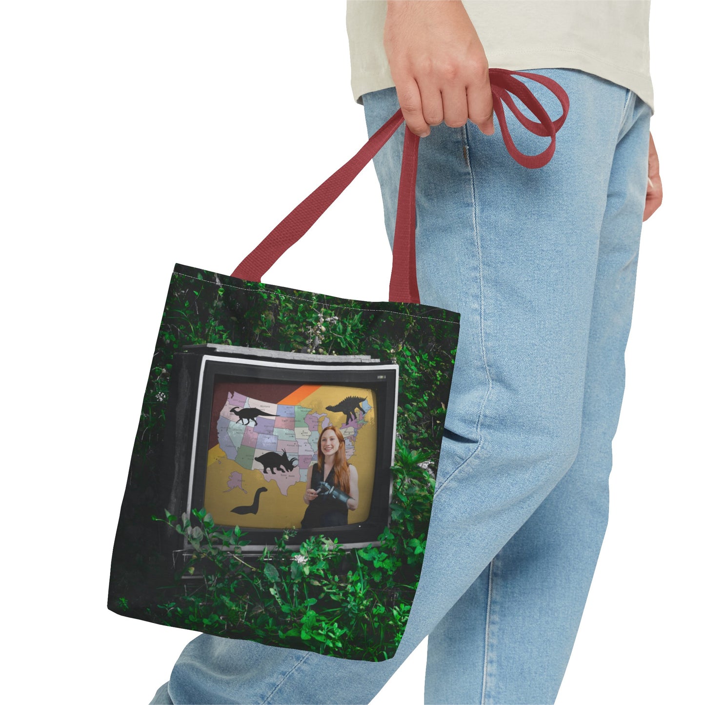 Unique Dystopian TV Scene Tote Bag with Weather Girl & Dinosaurs Map
