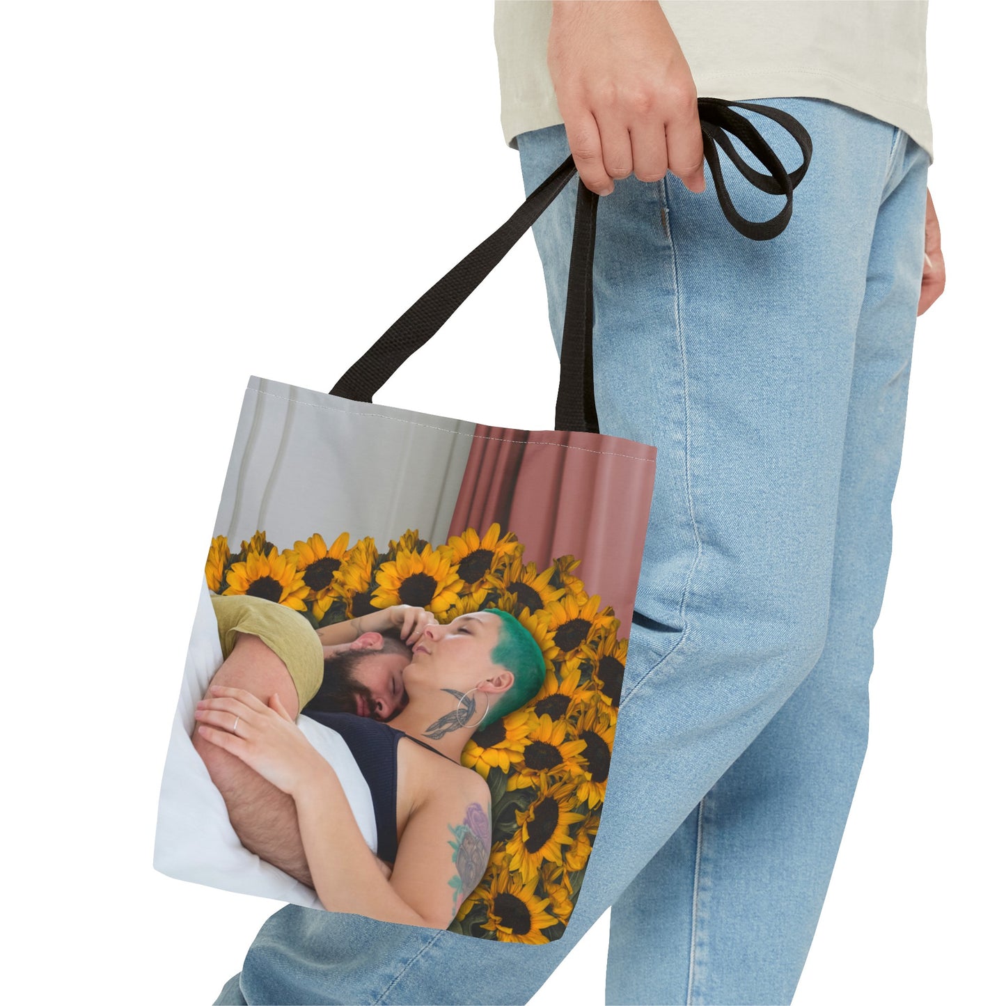 Tranquil Sunflowers Around Cuddling Couple Tote Bag Surreal Art - Loving Design "Sunflowers In Your Room"
