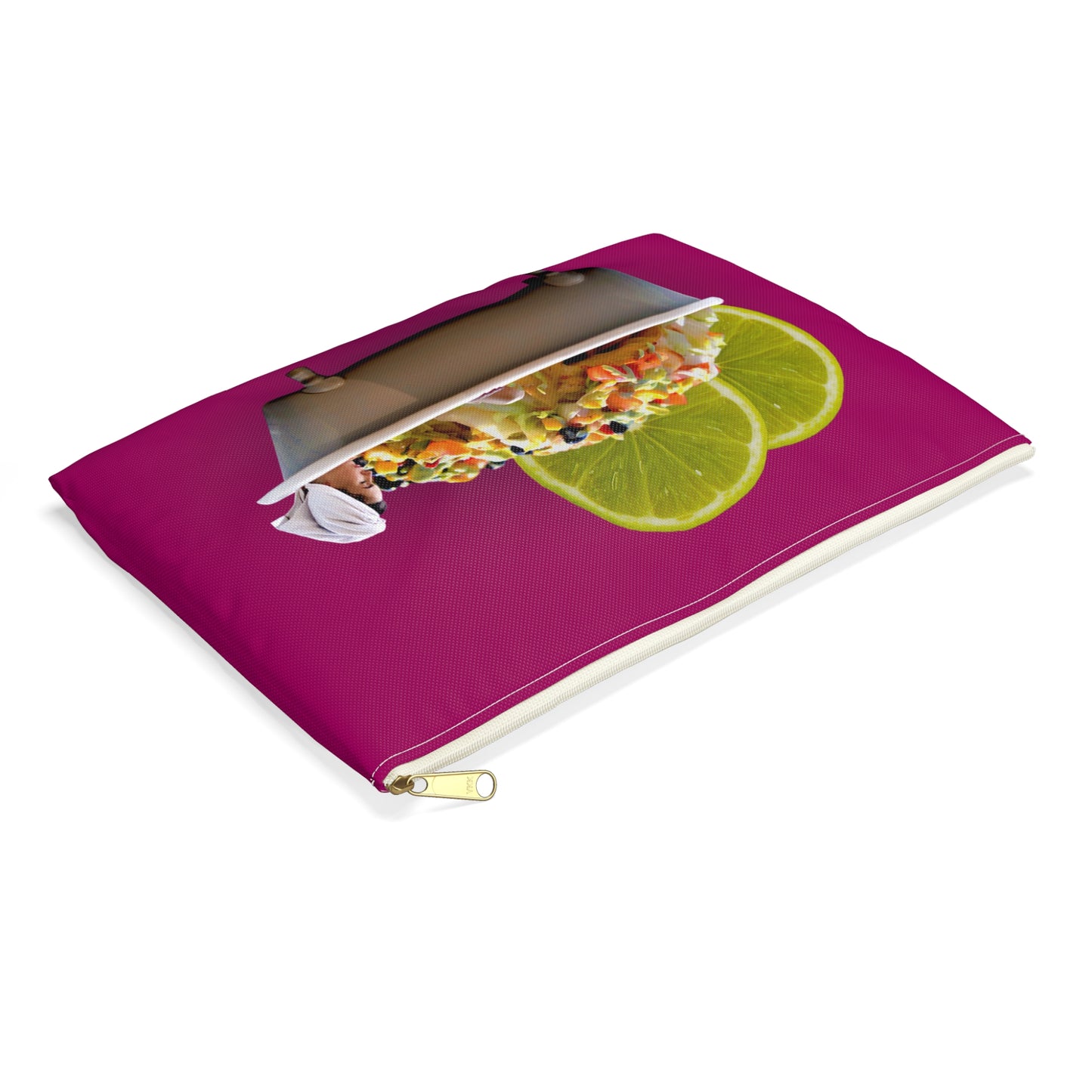 Food Lover's Delight Accessory Pouch - Woman Soaking in Bathtub with Burrito and Lime Wedges