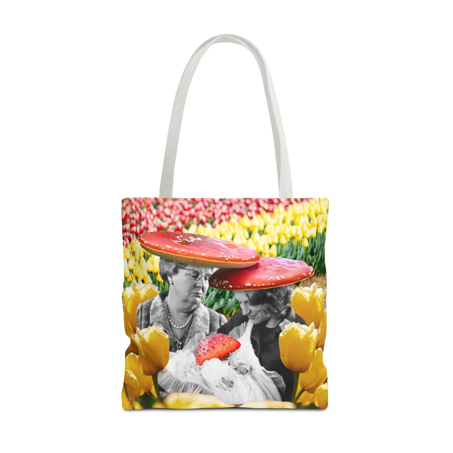 Happy Mushroom Family All Over Print Tote Bag - Surreal Collage Art "Nana's Little Mushroom" in a Field of Tulips