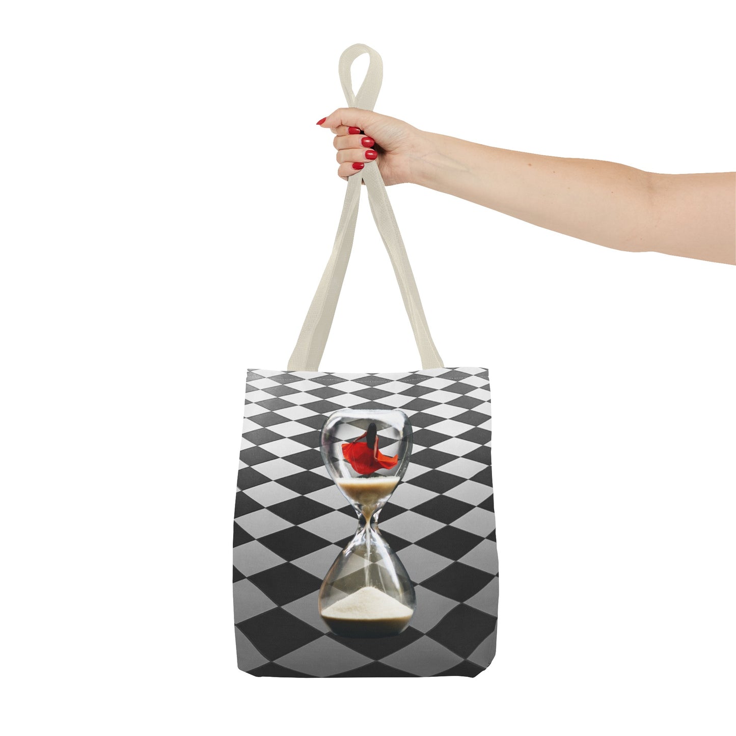 Red Dress Dancer Tote Bag - Surreal Art Checkerboard Design - Dance Through Life