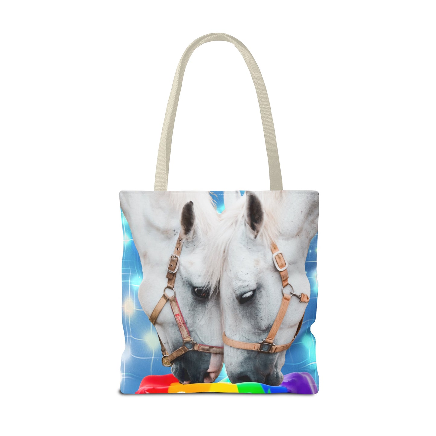 Unique Tote Bag "Pooping Rainbows" Art - White Horses Eating Rainbow Feed