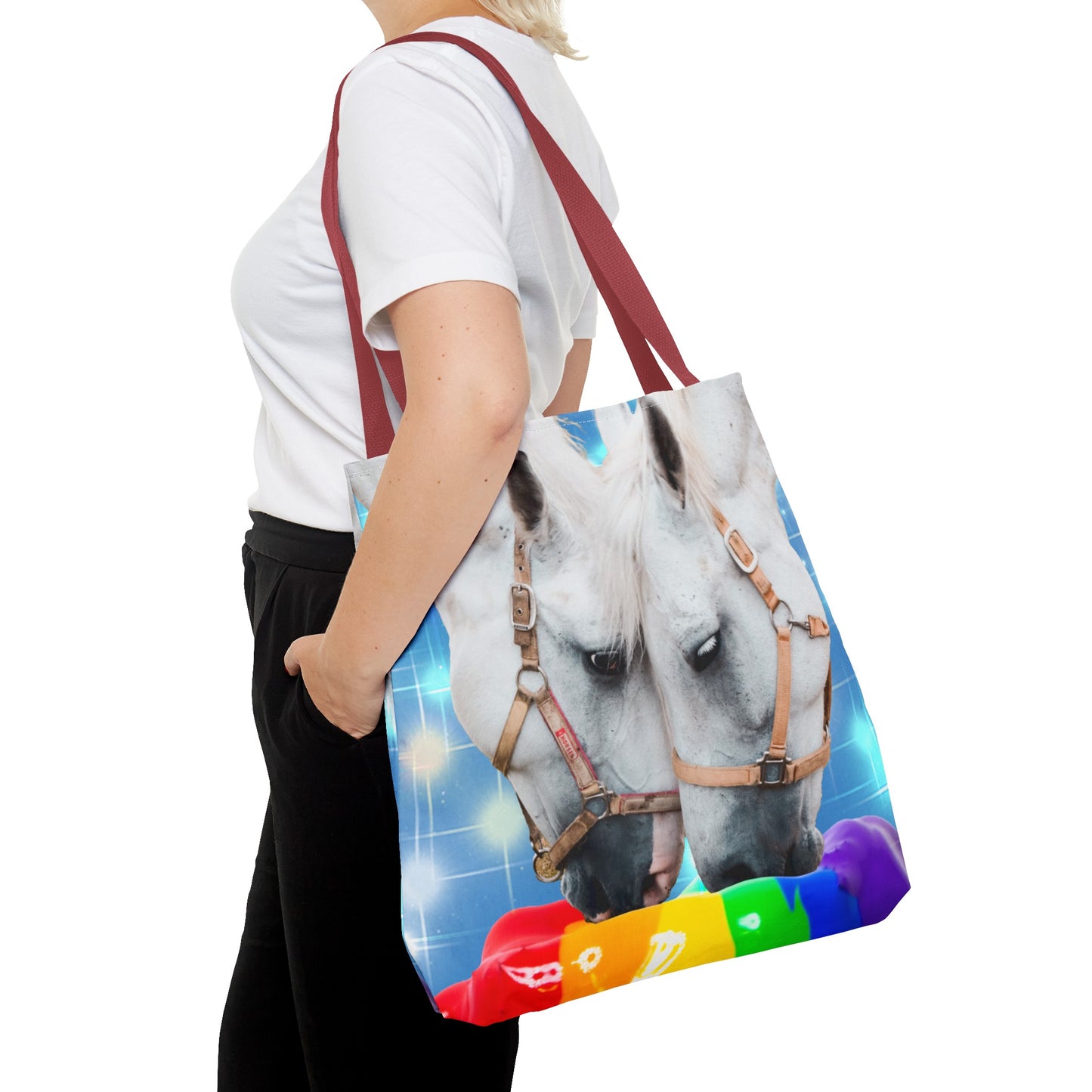 Unique Tote Bag "Pooping Rainbows" Art - White Horses Eating Rainbow Feed