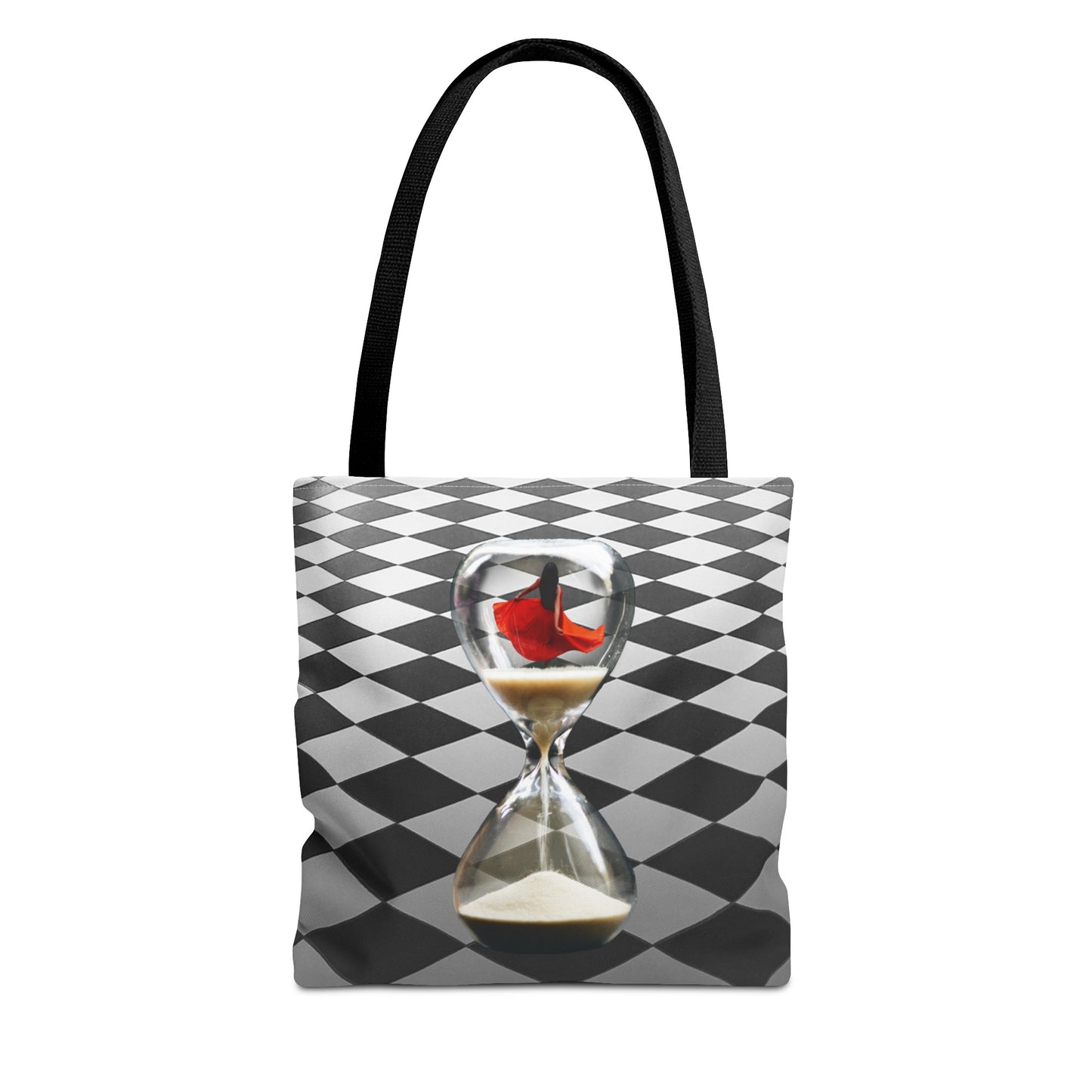Red Dress Dancer Tote Bag - Surreal Art Checkerboard Design - Dance Through Life