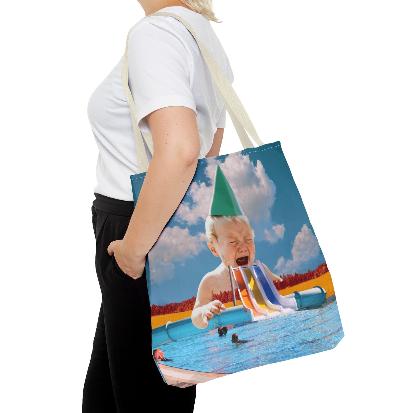Vibrant Pool Party Beach Tote Bag - Surreal Art Print - Giant Baby and Colorful Pool Slide