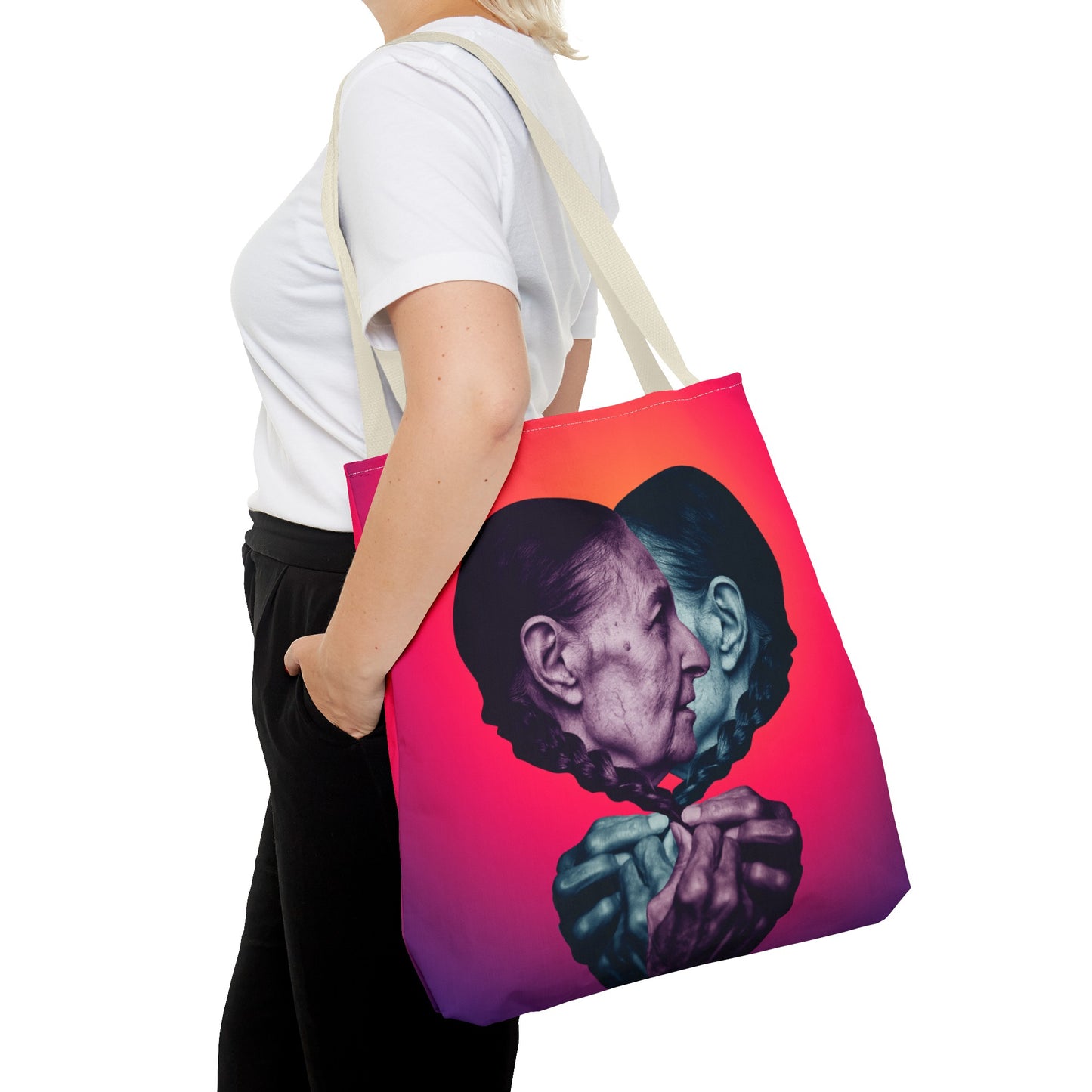 Mesmerizing Collage Art Tote Bag "Keeping Secrets" - Woman Whispering Secret into Her Own Ear