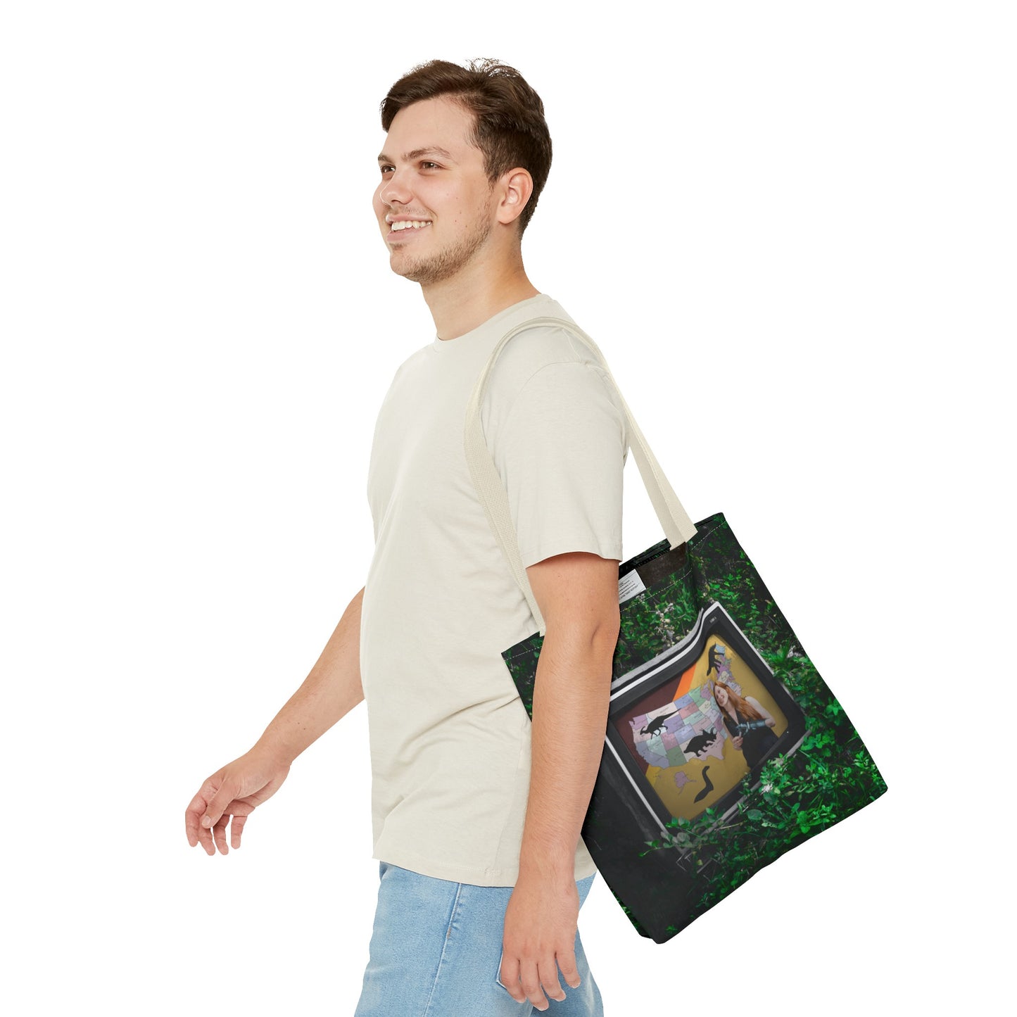 Unique Dystopian TV Scene Tote Bag with Weather Girl & Dinosaurs Map