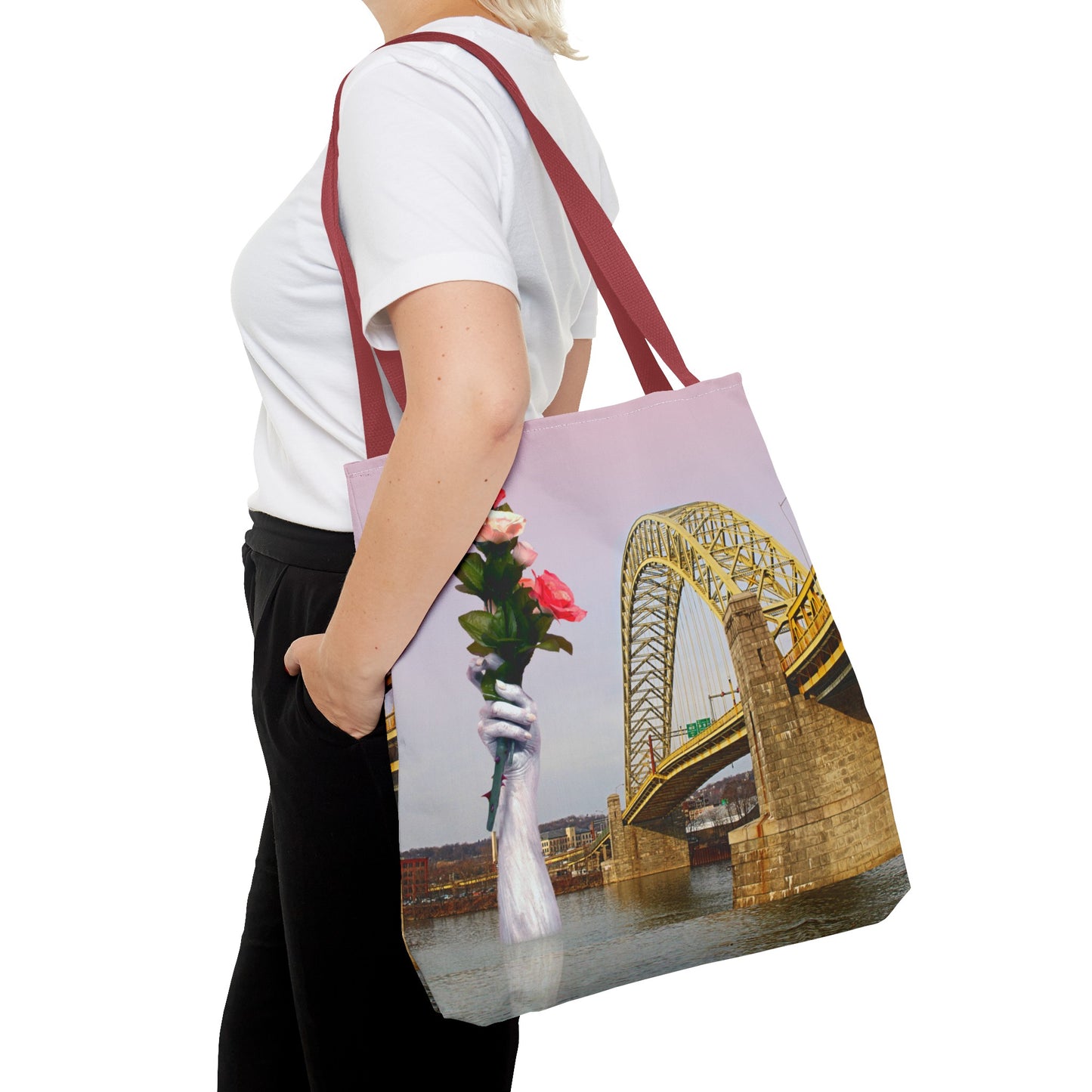 Romantic Tote Bag for Valentine's and Long-Distance Lovers: A Bridge Too Far Design with Flowers