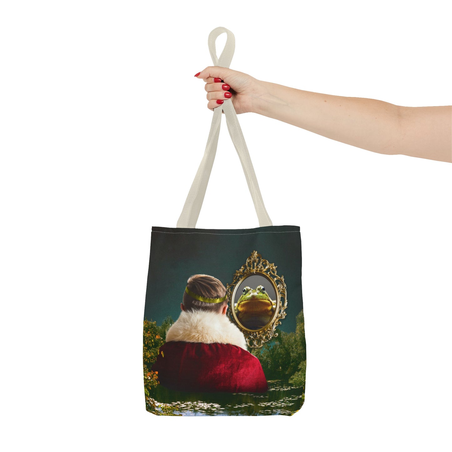 Frog Prince Reflection Tote Bag - Mystic Wetlands Collage Art Print