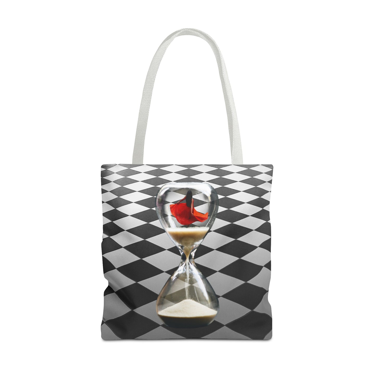 Red Dress Dancer Tote Bag - Surreal Art Checkerboard Design - Dance Through Life